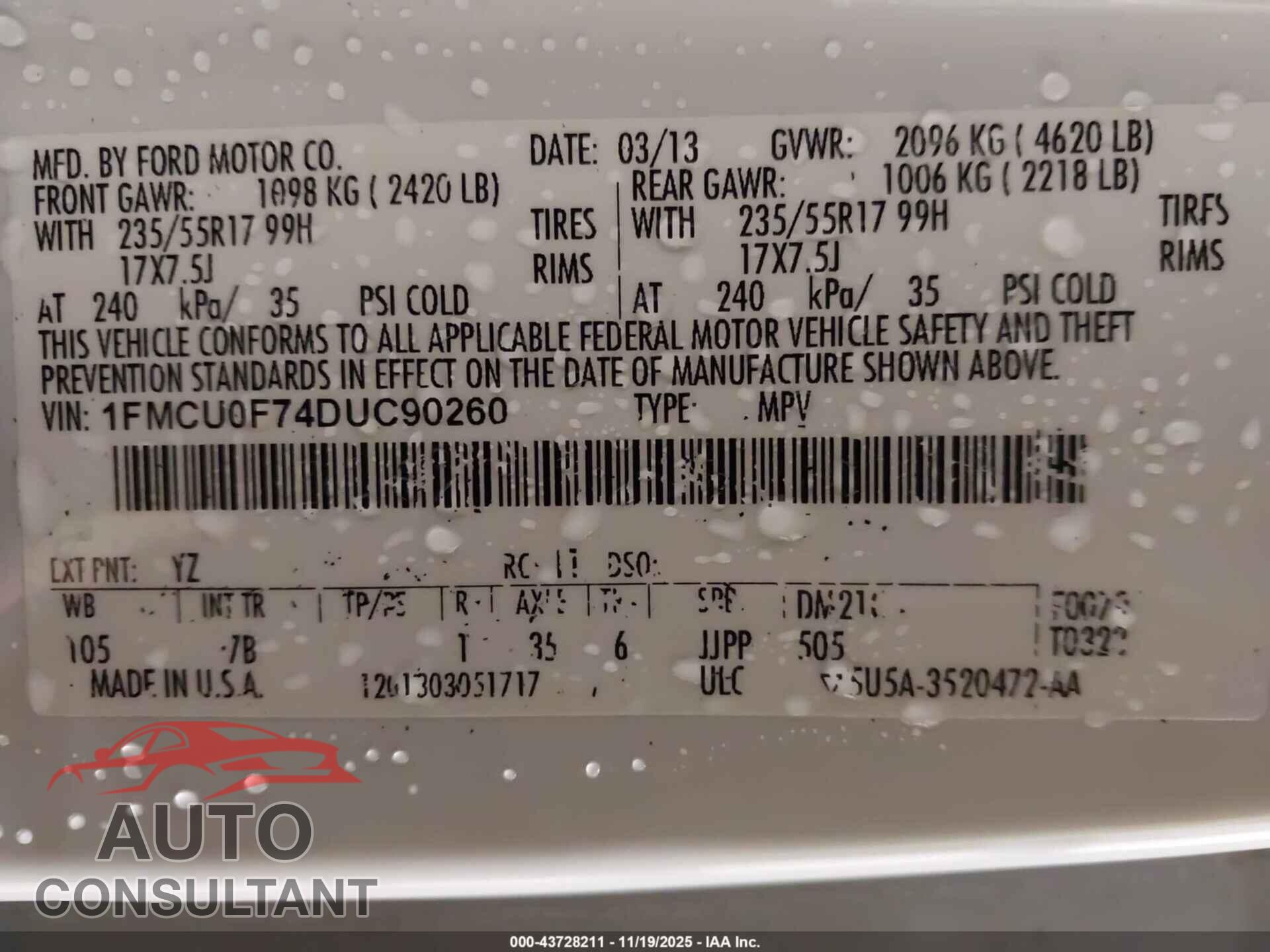 FORD ESCAPE 2013 - 1FMCU0F74DUC90260