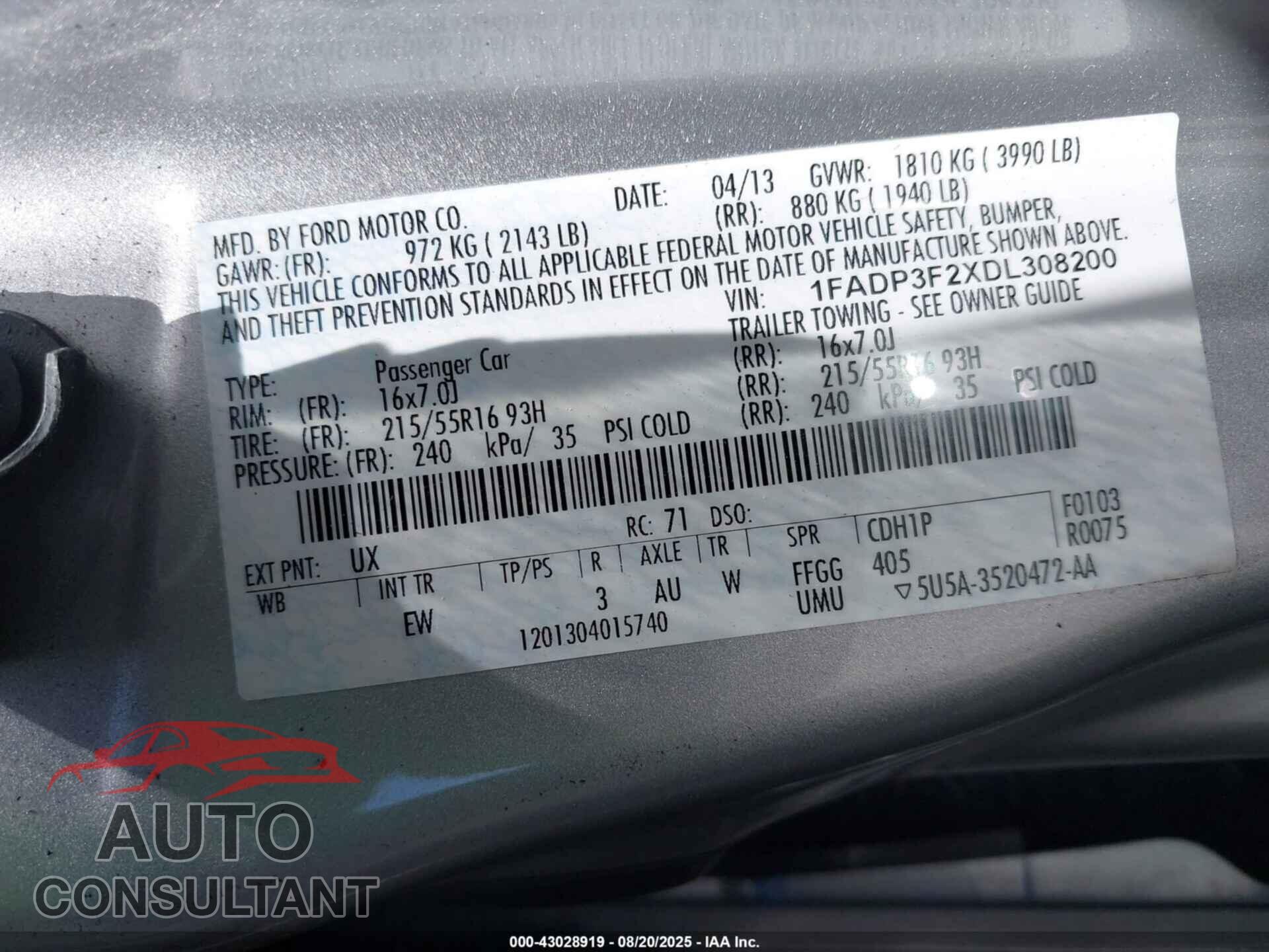 FORD FOCUS 2013 - 1FADP3F2XDL308200