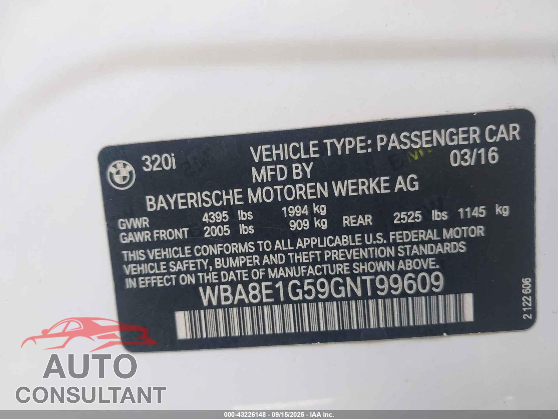 BMW 320I 2016 - WBA8E1G59GNT99609