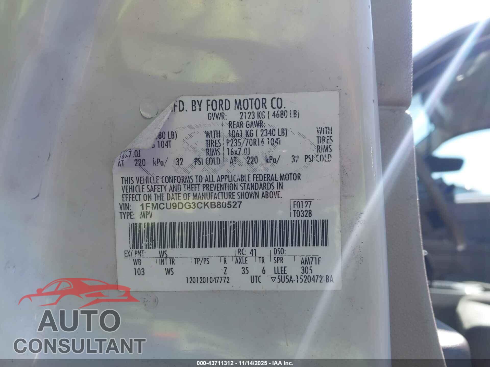 FORD ESCAPE 2012 - 1FMCU9DG3CKB80527