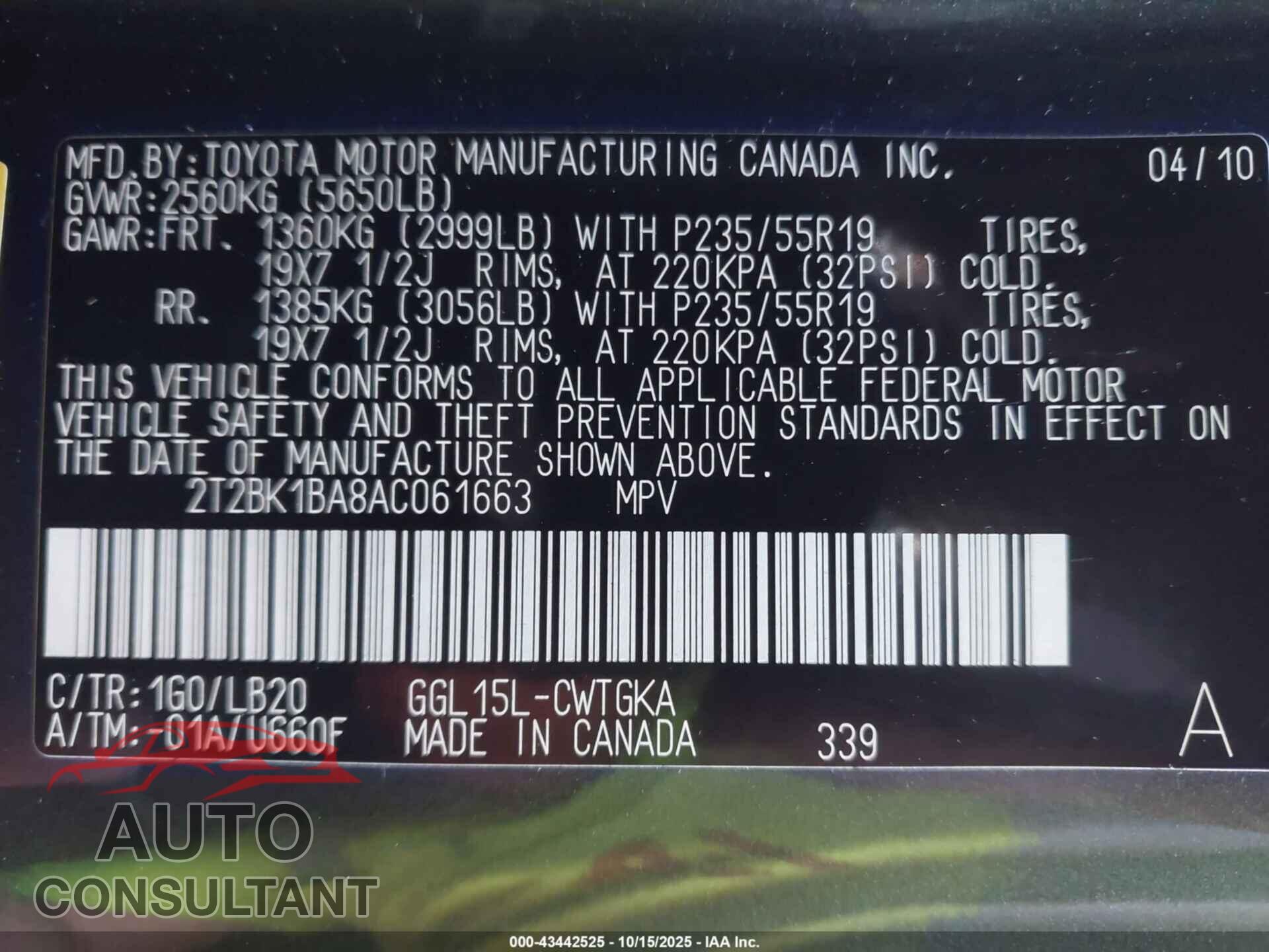 LEXUS RX 350 2010 - 2T2BK1BA8AC061663