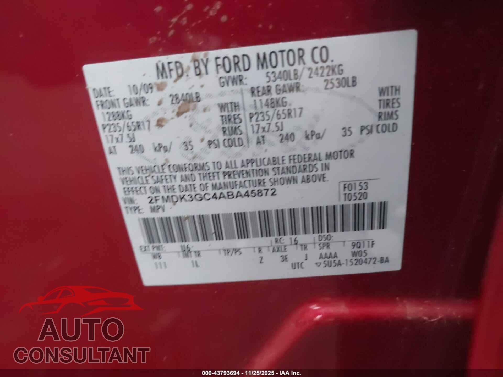 FORD EDGE 2010 - 2FMDK3GC4ABA45872