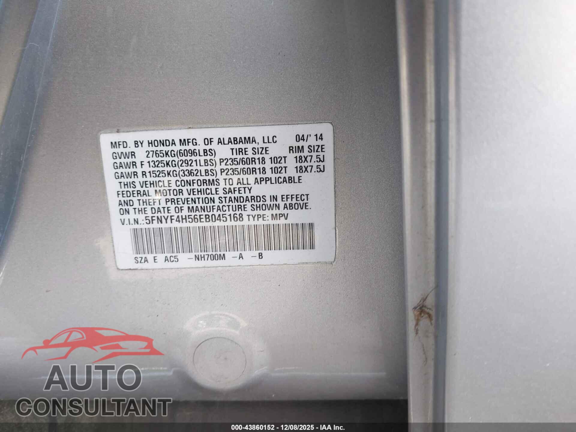 HONDA PILOT 2014 - 5FNYF4H56EB045168