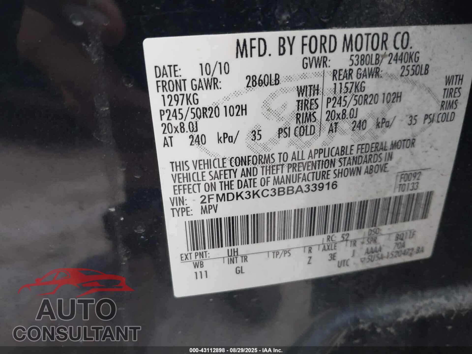 FORD EDGE 2011 - 2FMDK3KC3BBA33916