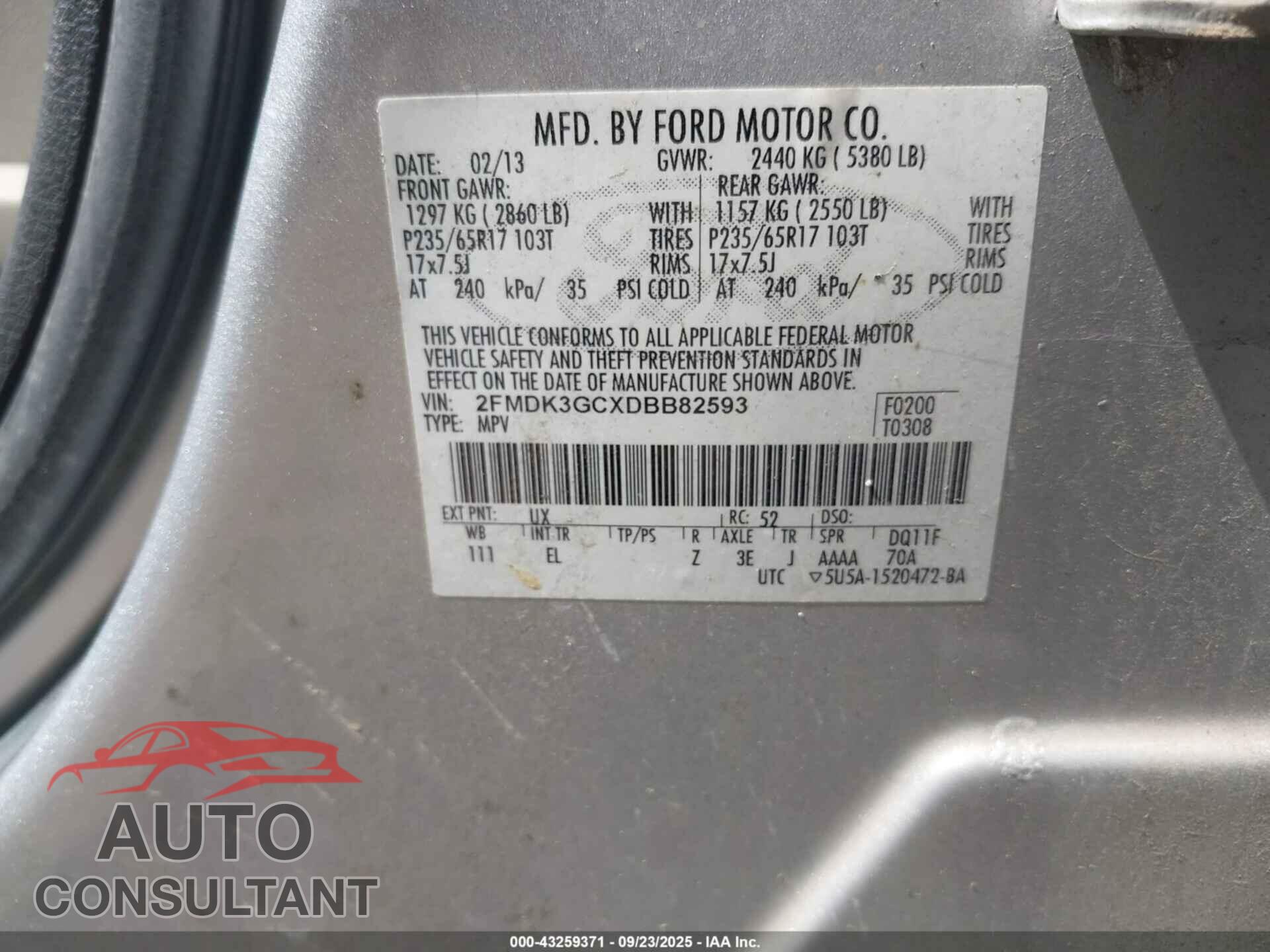 FORD EDGE 2013 - 2FMDK3GCXDBB82593