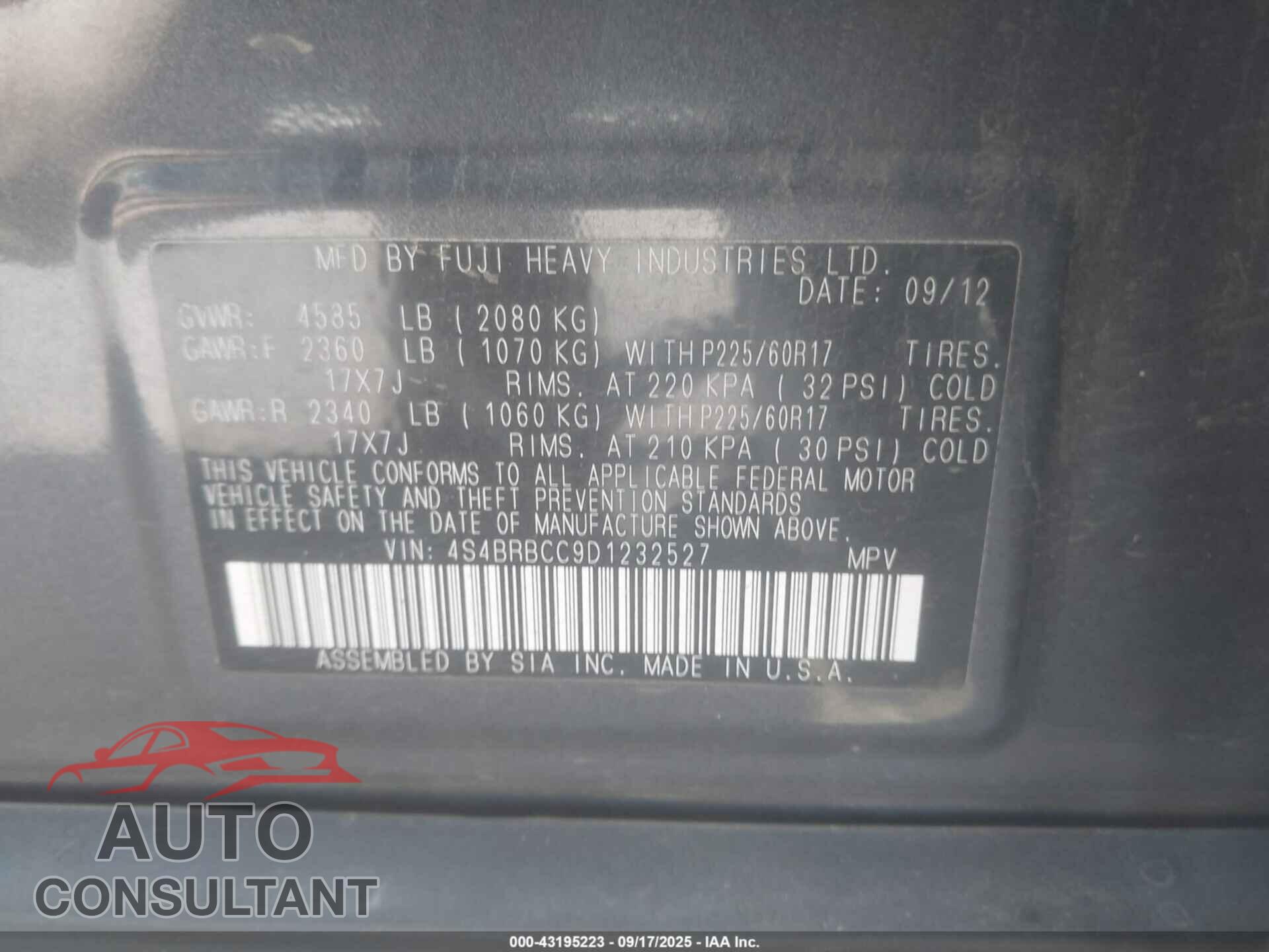SUBARU OUTBACK 2013 - 4S4BRBCC9D1232527