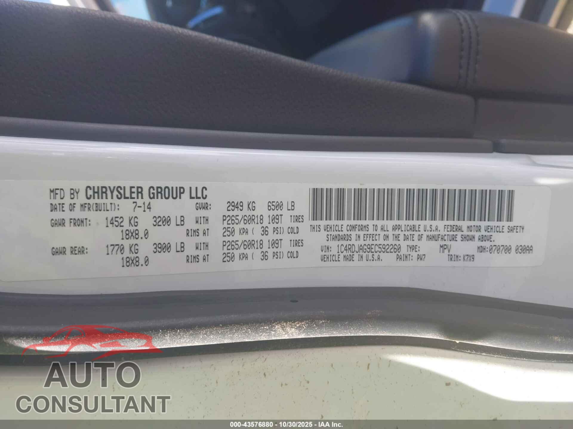 DODGE DURANGO 2014 - 1C4RDJAG9EC592260