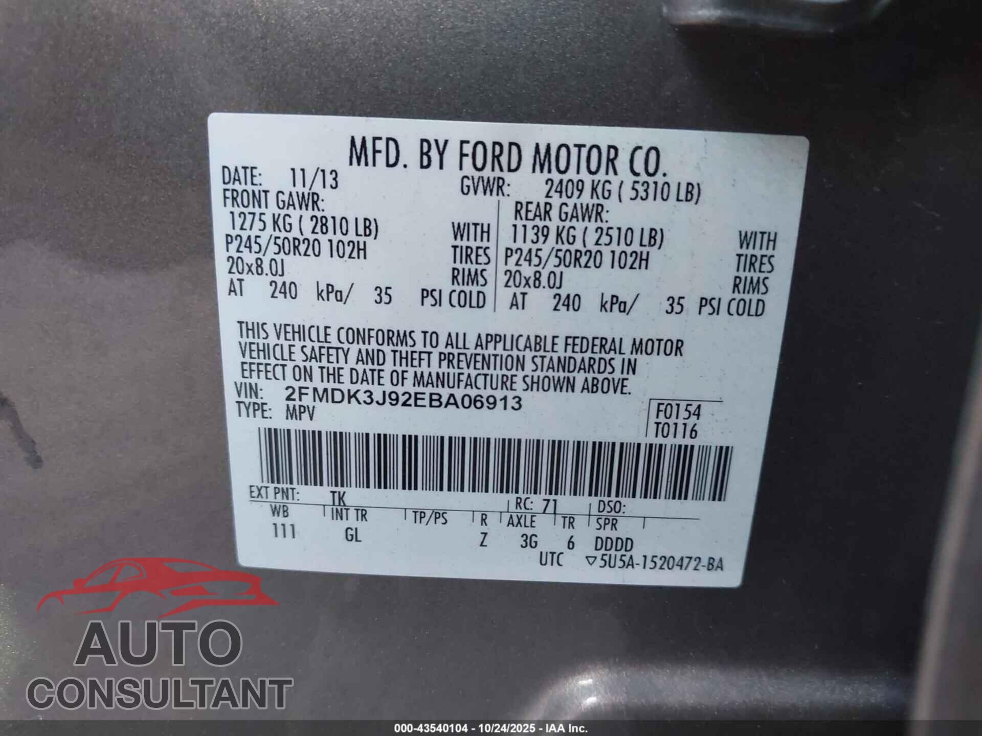 FORD EDGE 2014 - 2FMDK3J92EBA06913