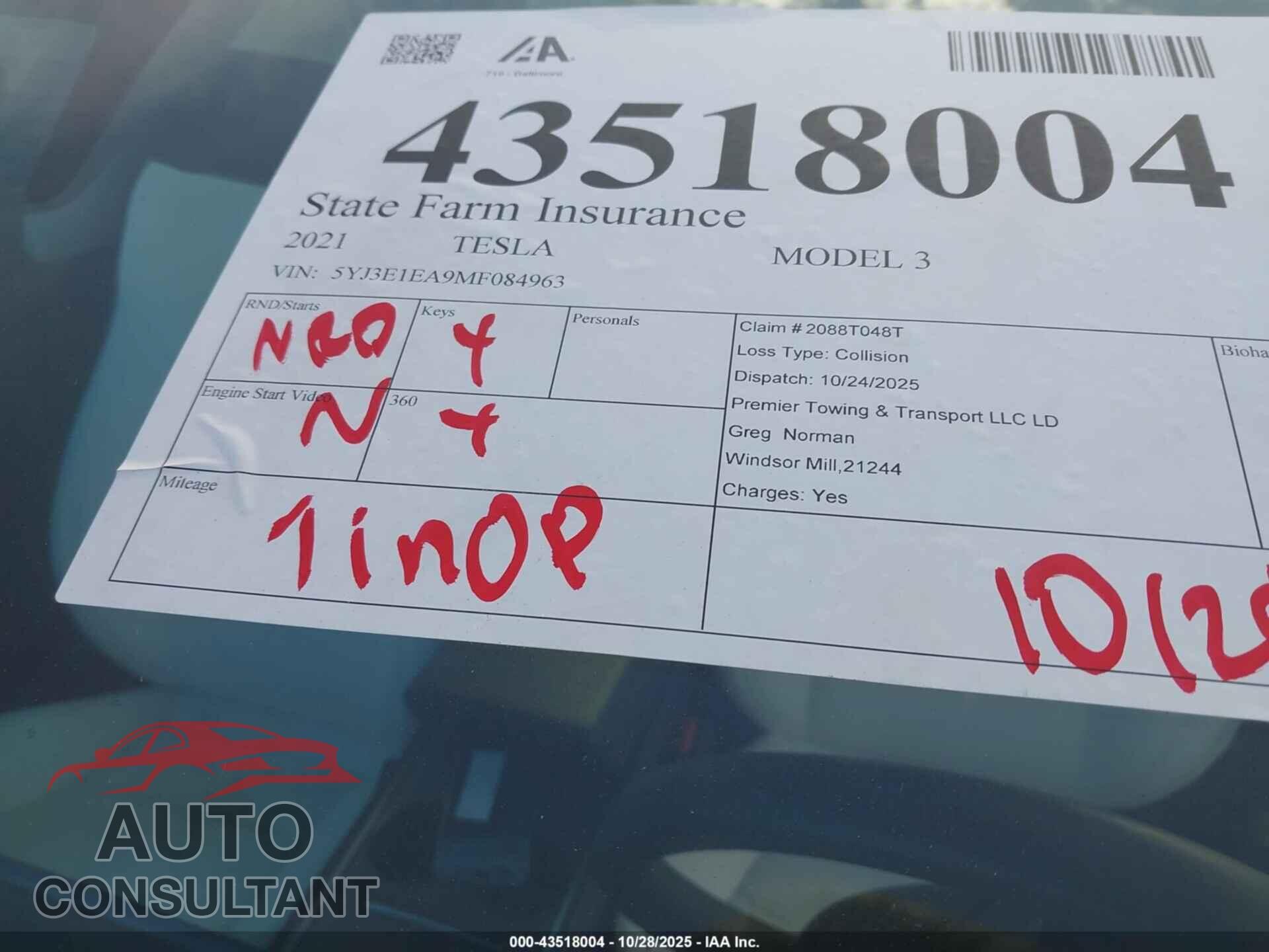 TESLA MODEL 3 2021 - 5YJ3E1EA9MF084963
