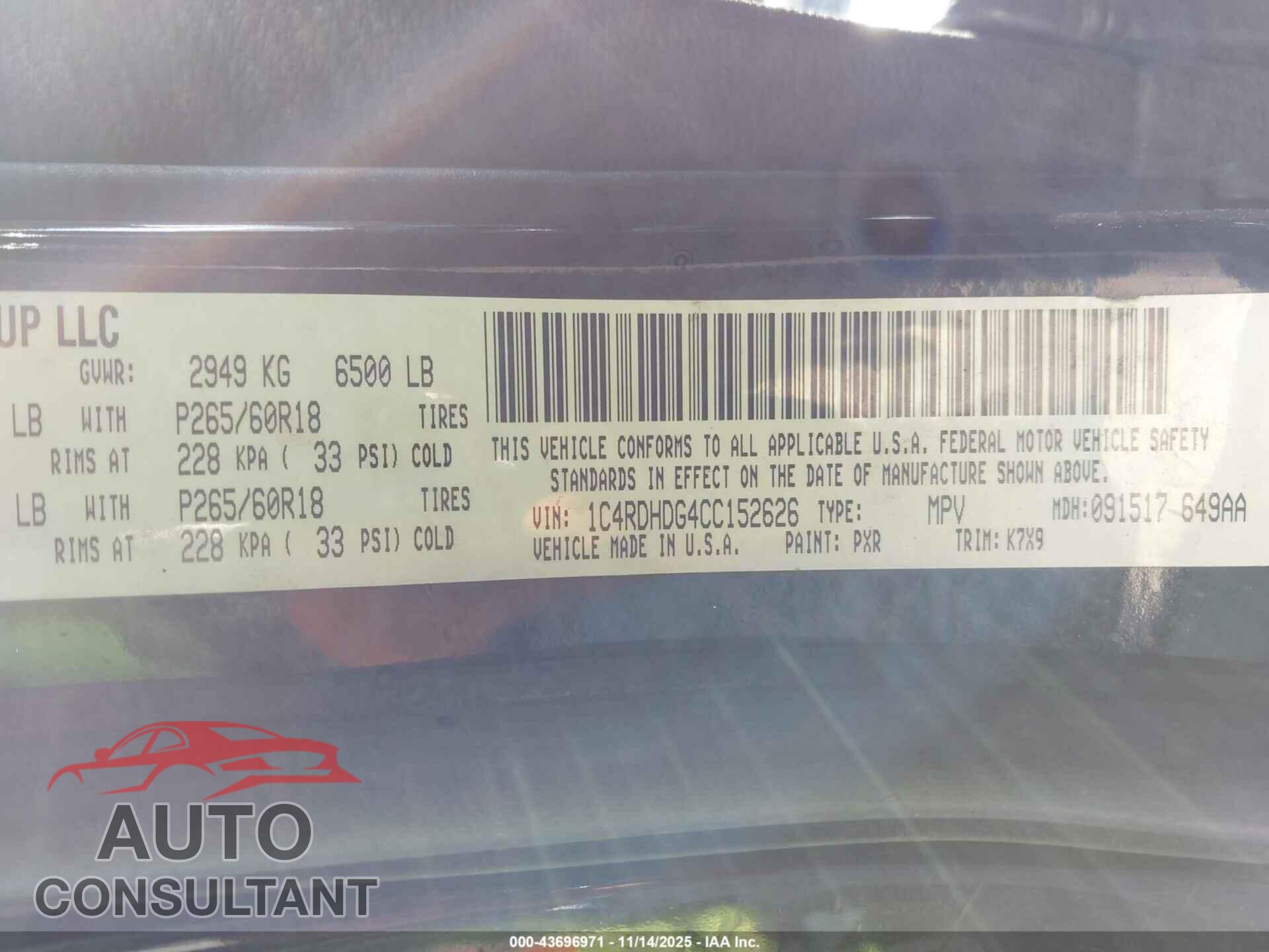 DODGE DURANGO 2012 - 1C4RDHDG4CC152626