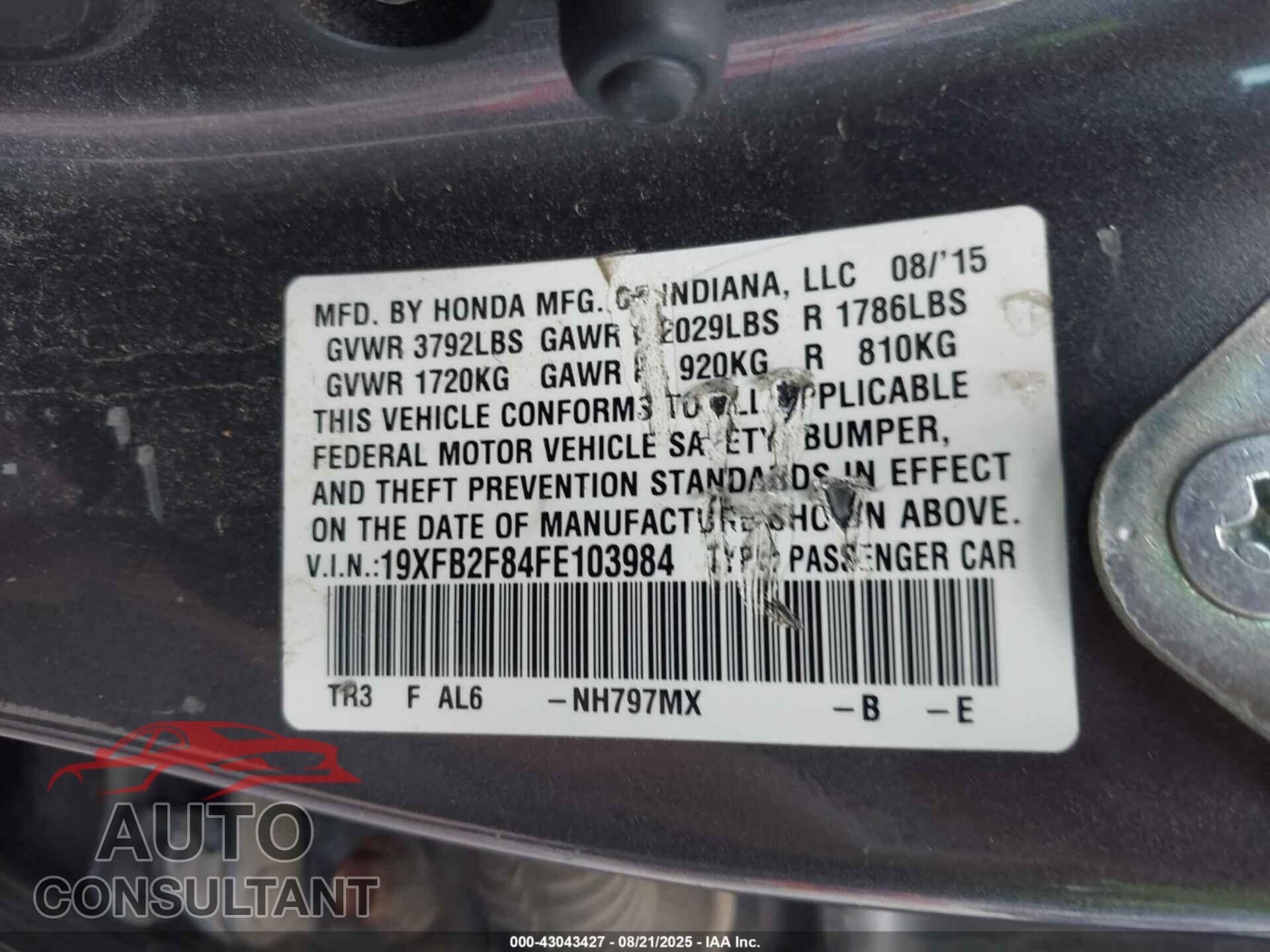 HONDA CIVIC 2015 - 19XFB2F84FE103984