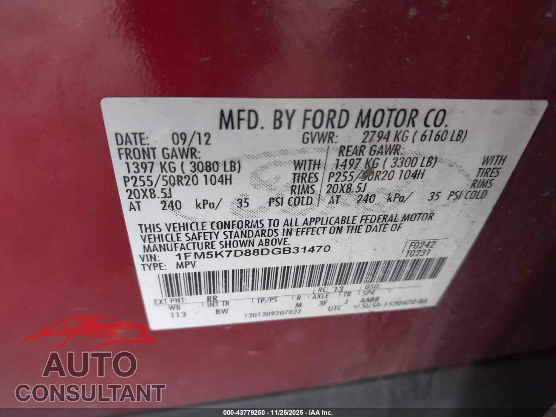 FORD EXPLORER 2013 - 1FM5K7D88DGB31470