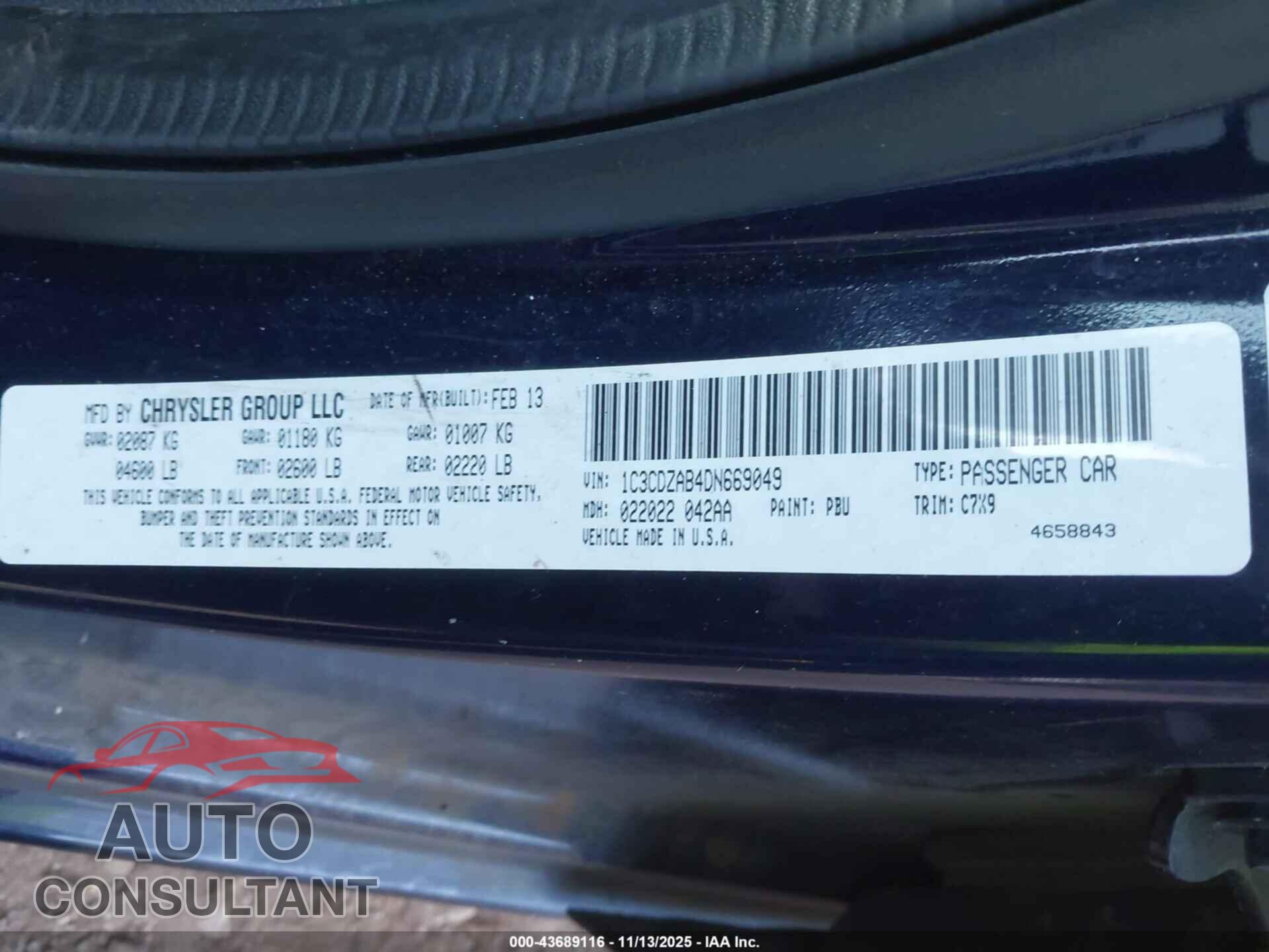DODGE AVENGER 2013 - 1C3CDZAB4DN669049