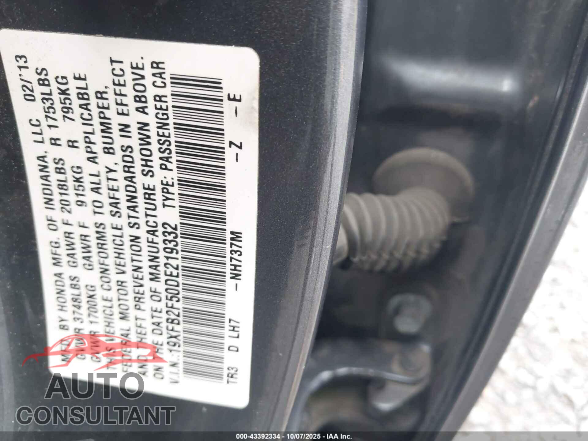 HONDA CIVIC 2013 - 19XFB2F50DE219332