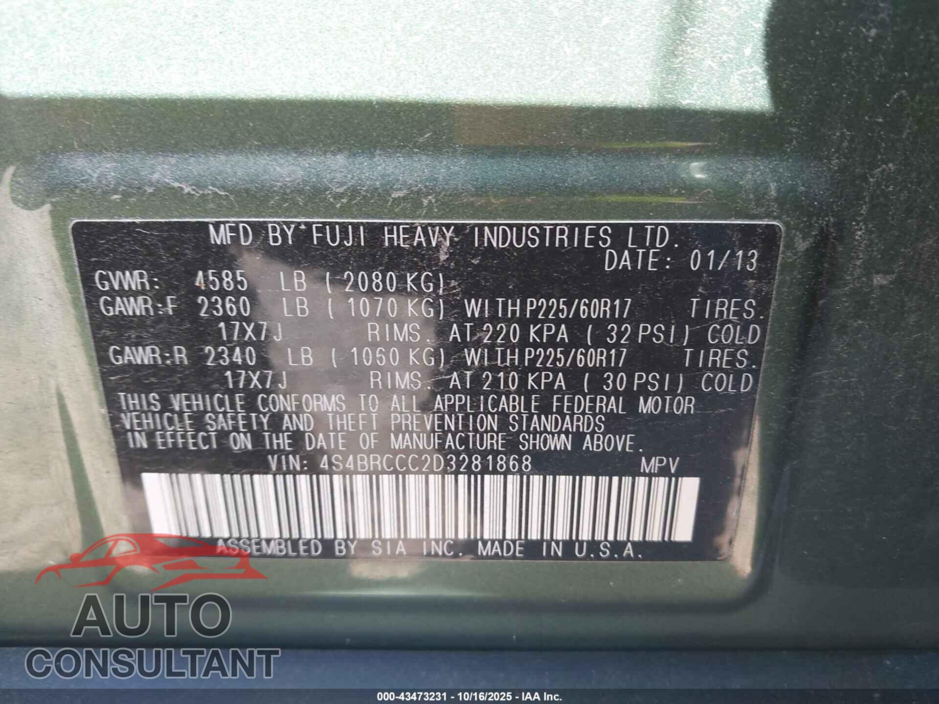 SUBARU OUTBACK 2013 - 4S4BRCCC2D3281868