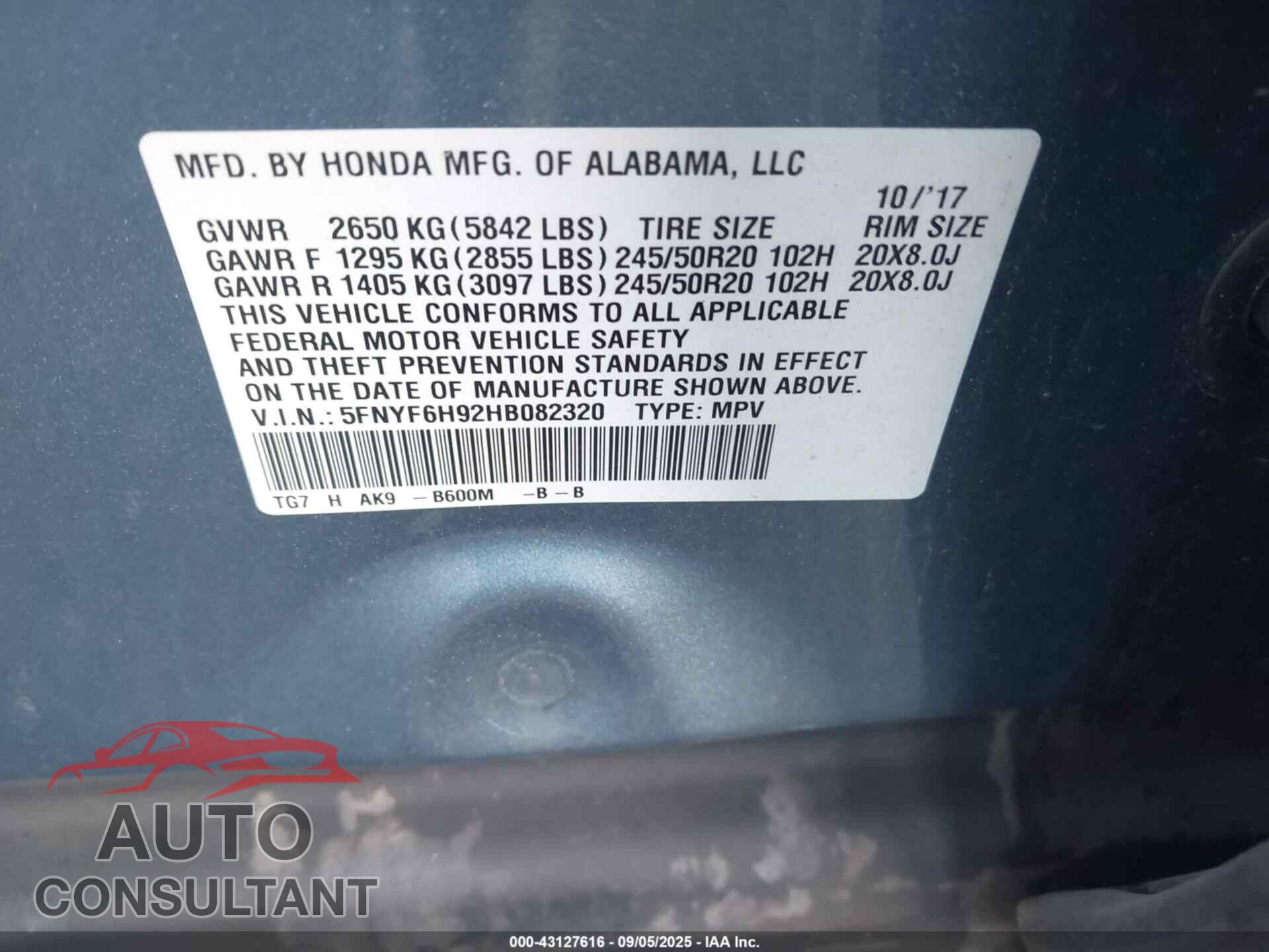 HONDA PILOT 2017 - 5FNYF6H92HB082320