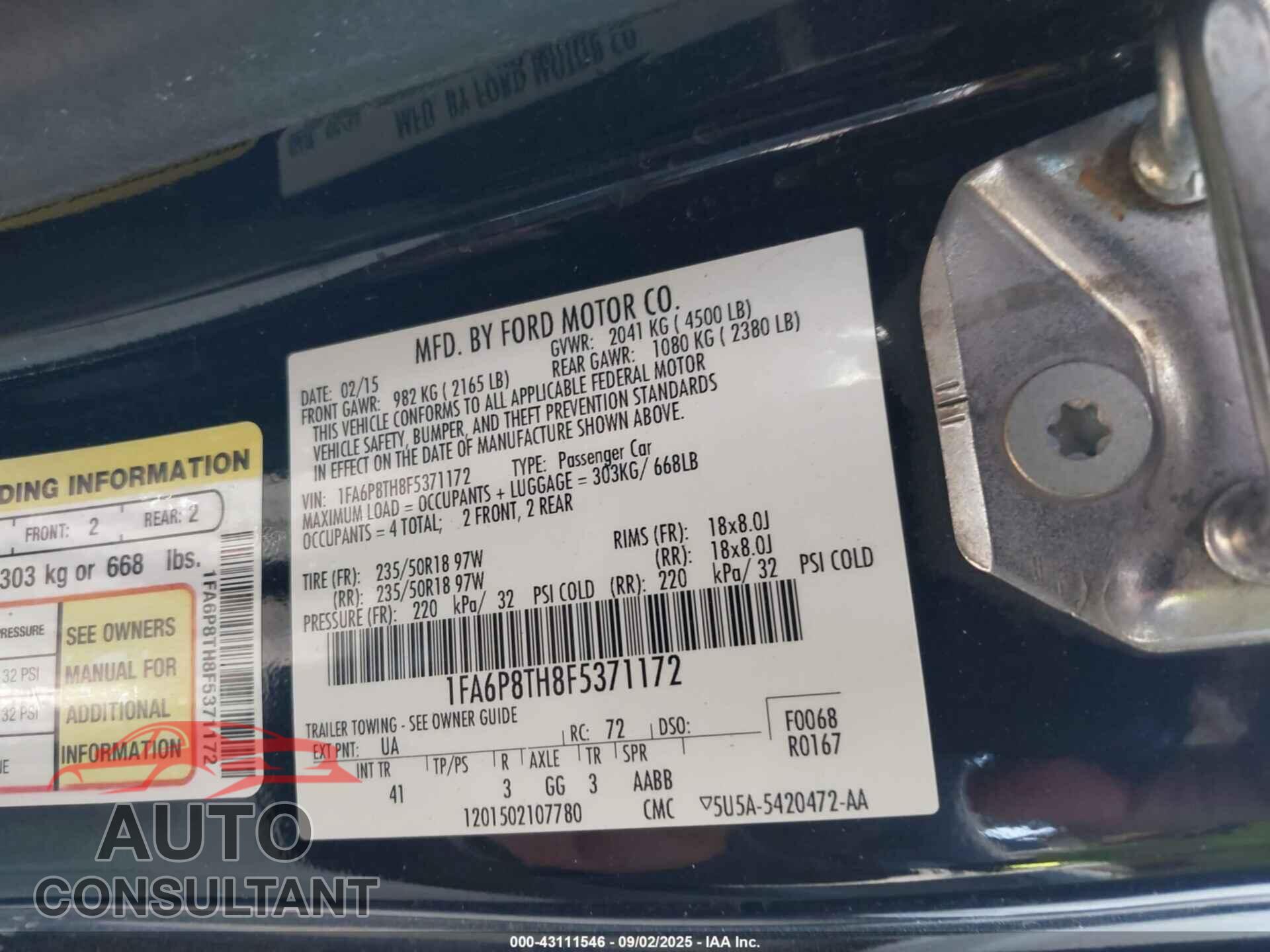 FORD MUSTANG 2015 - 1FA6P8TH8F5371172