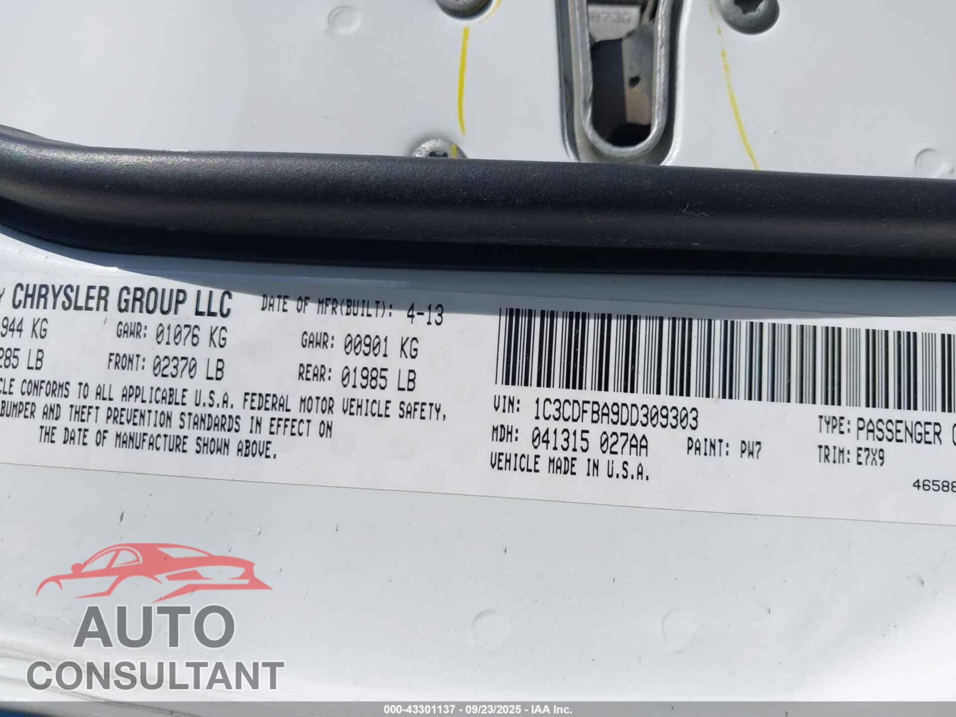 DODGE DART 2013 - 1C3CDFBA9DD309303