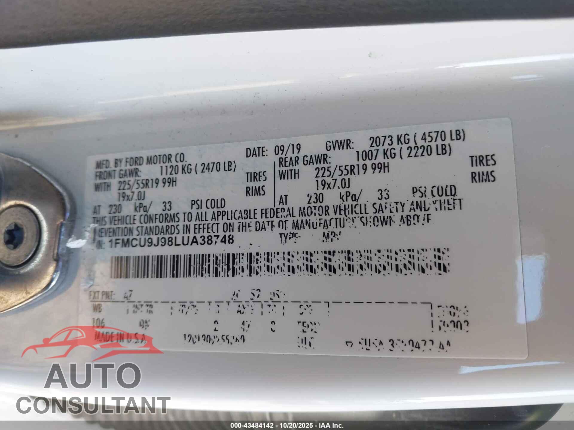 FORD ESCAPE 2020 - 1FMCU9J98LUA38748
