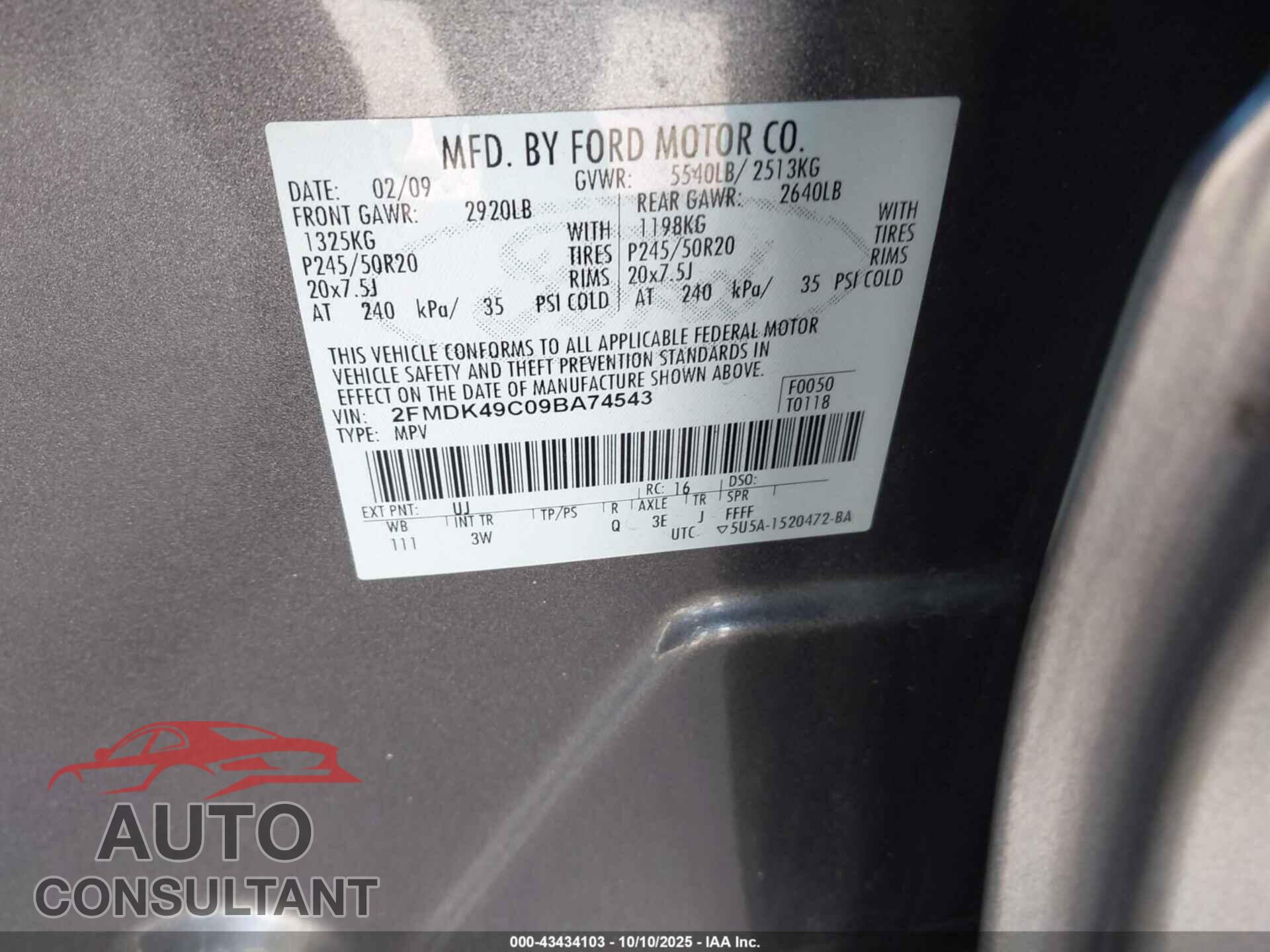 FORD EDGE 2009 - 2FMDK49C09BA74543