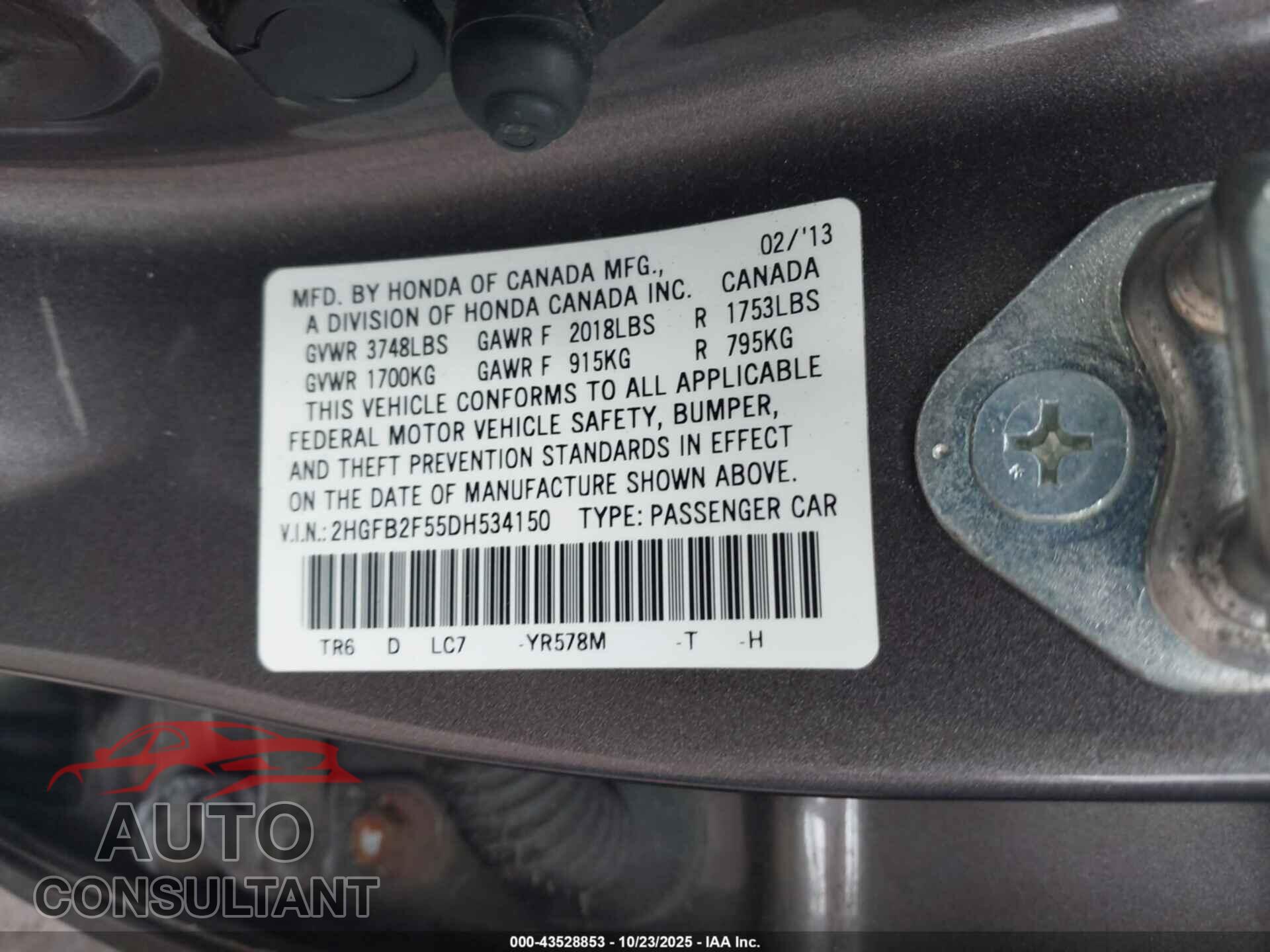 HONDA CIVIC 2013 - 2HGFB2F55DH534150