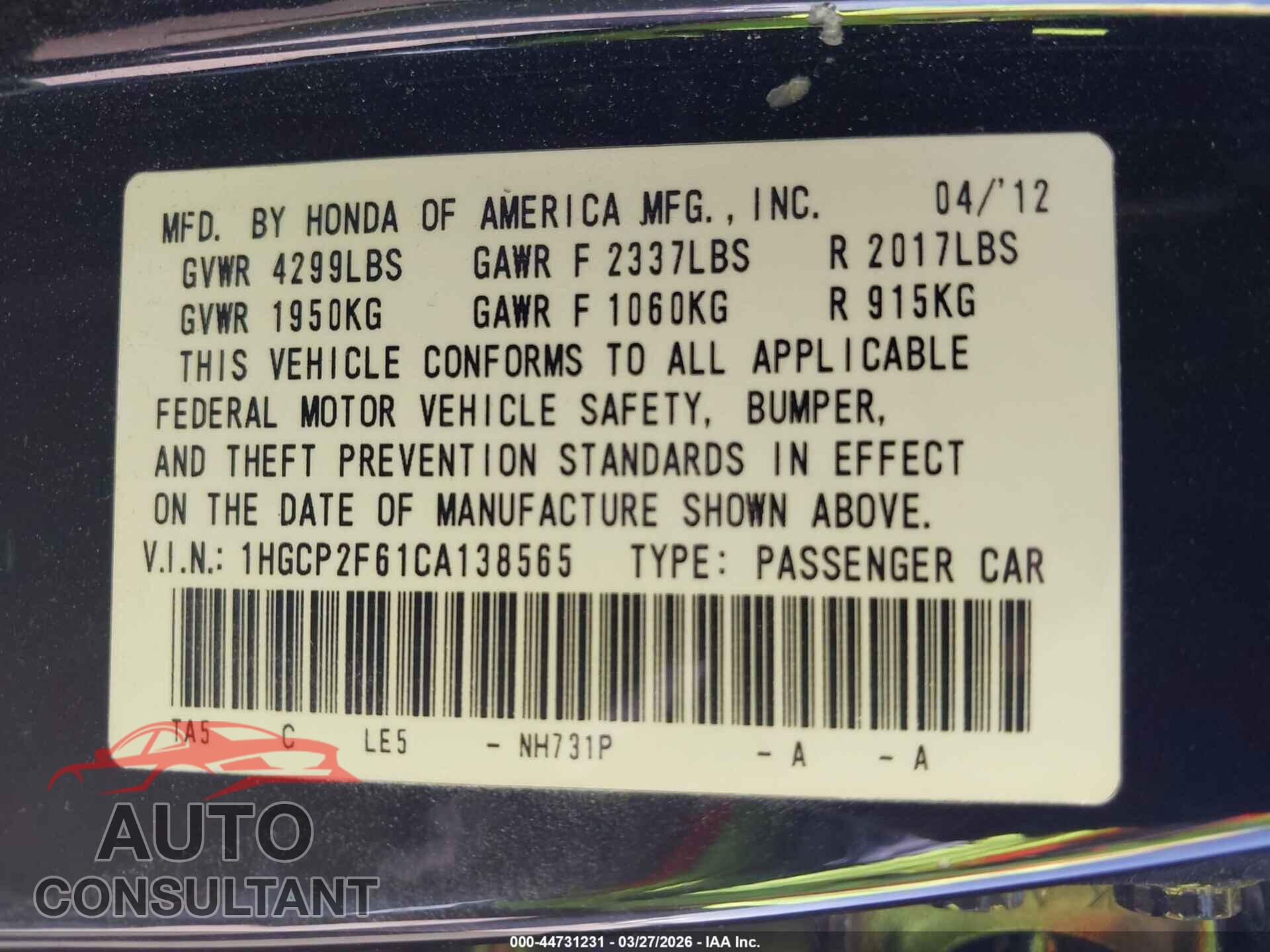 HONDA ACCORD 2012 - 1HGCP2F61CA138565