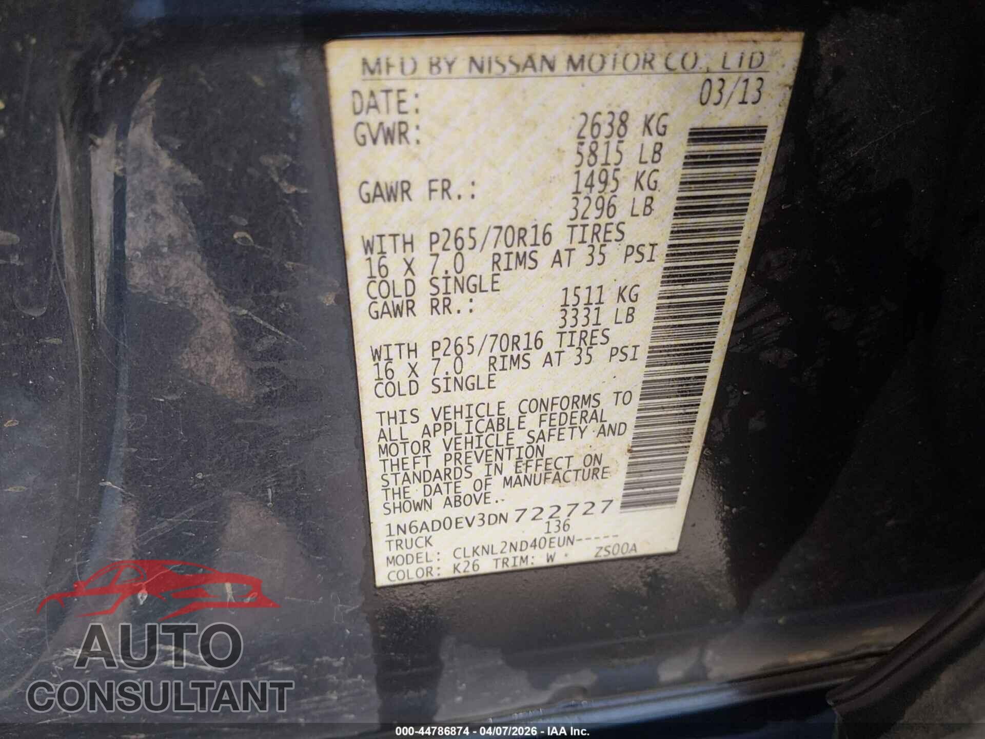 NISSAN FRONTIER 2013 - 1N6AD0EV3DN722727