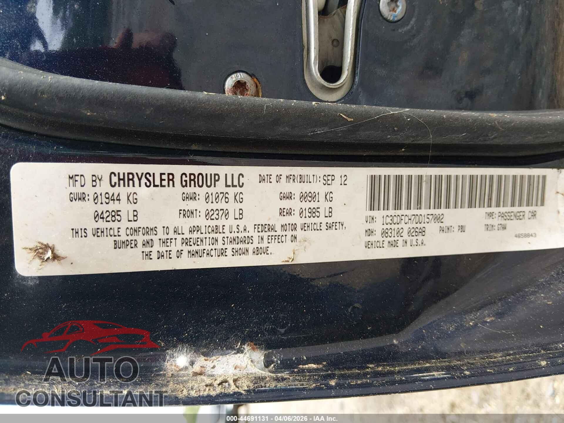 DODGE DART 2013 - 1C3CDFCH7DD157002