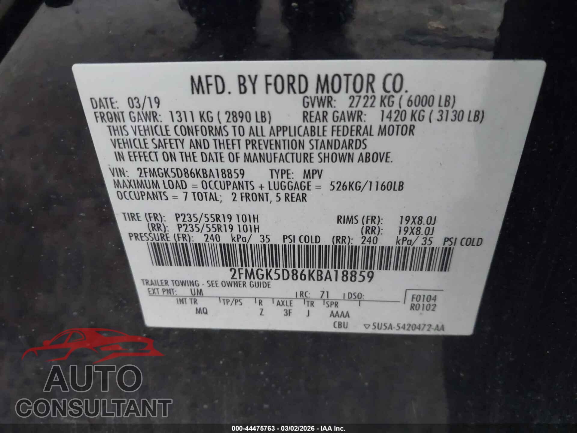 FORD FLEX 2019 - 2FMGK5D86KBA18859