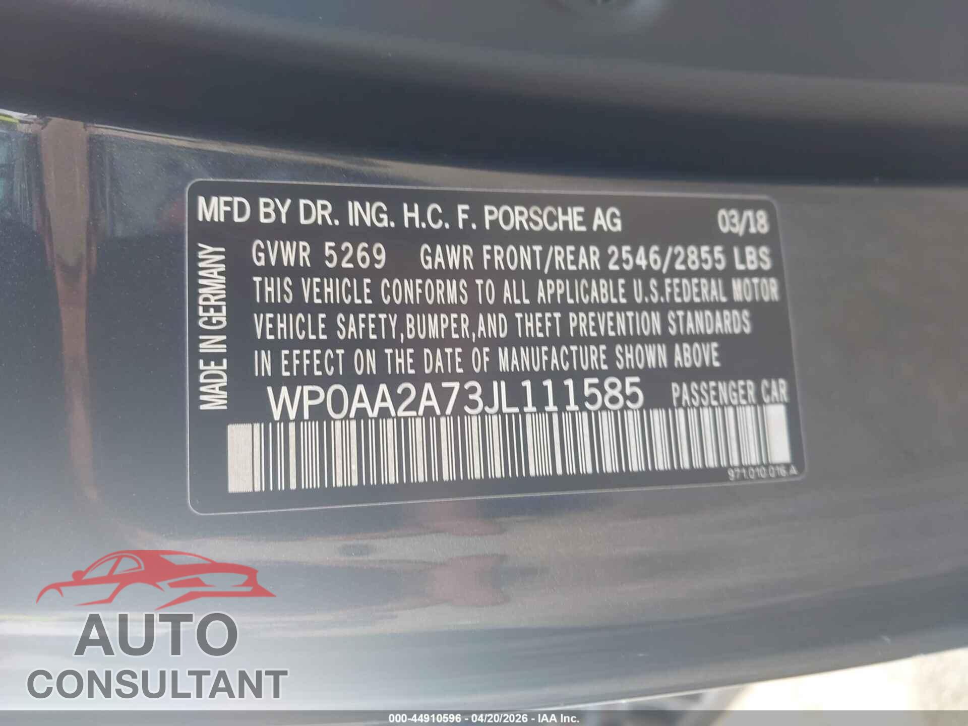 PORSCHE PANAMERA 2018 - WP0AA2A73JL111585