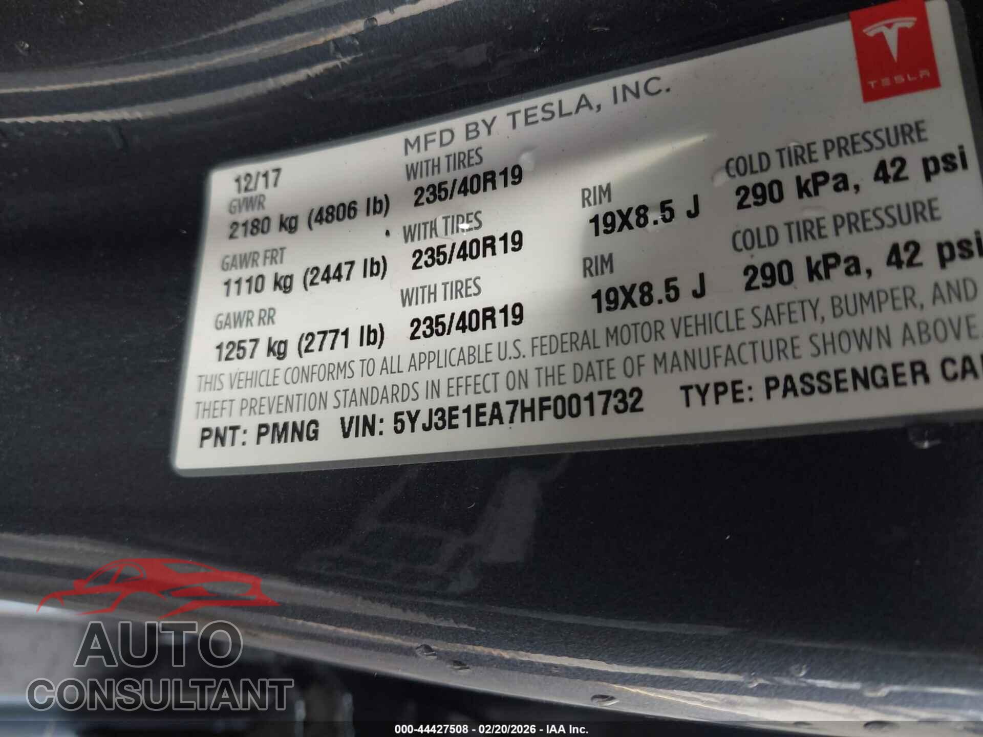 TESLA MODEL 3 2017 - 5YJ3E1EA7HF001732
