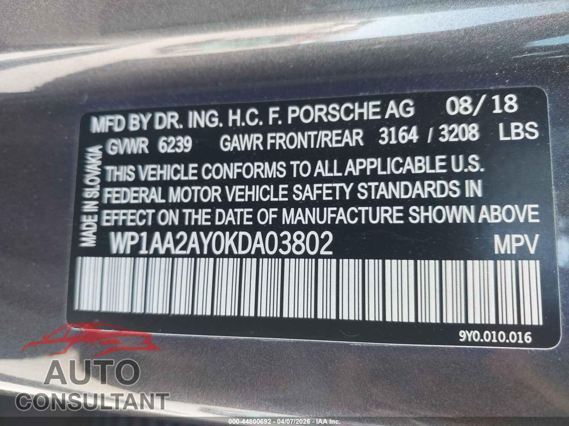 PORSCHE CAYENNE 2019 - WP1AA2AY0KDA03802