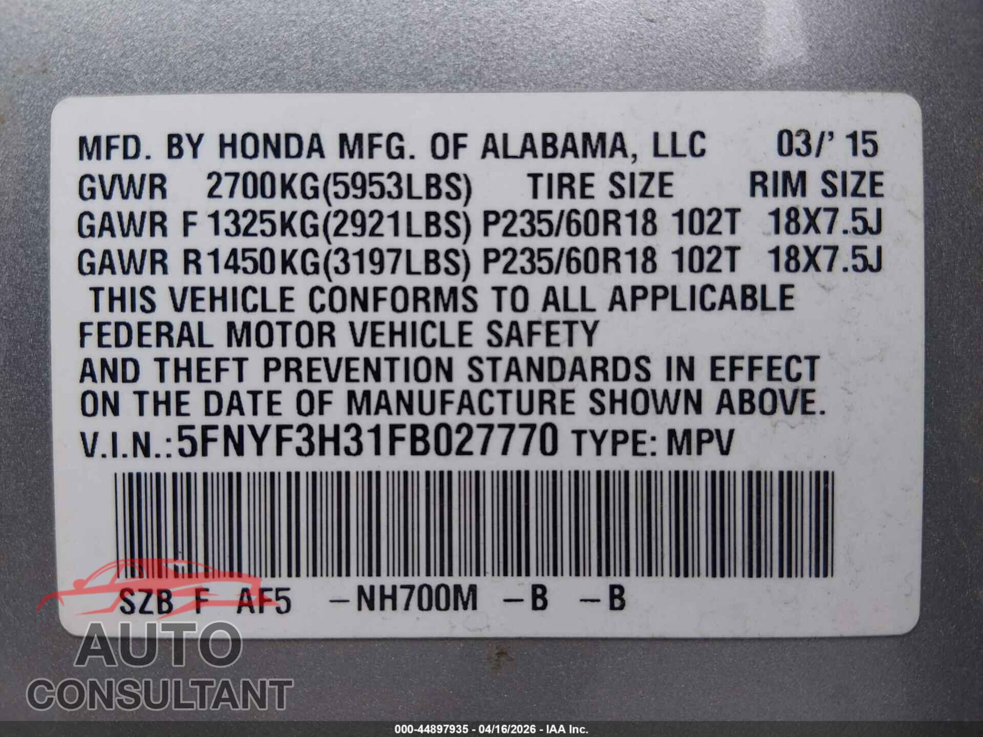 HONDA PILOT 2015 - 5FNYF3H31FB027770
