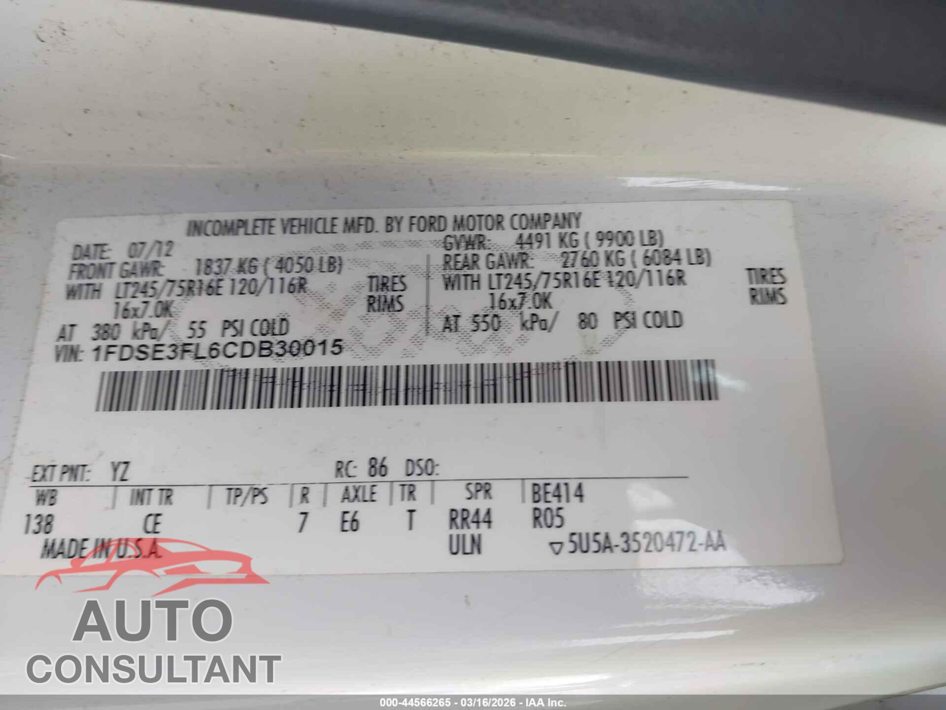 FORD E-350 CUTAWAY 2012 - 1FDSE3FL6CDB30015