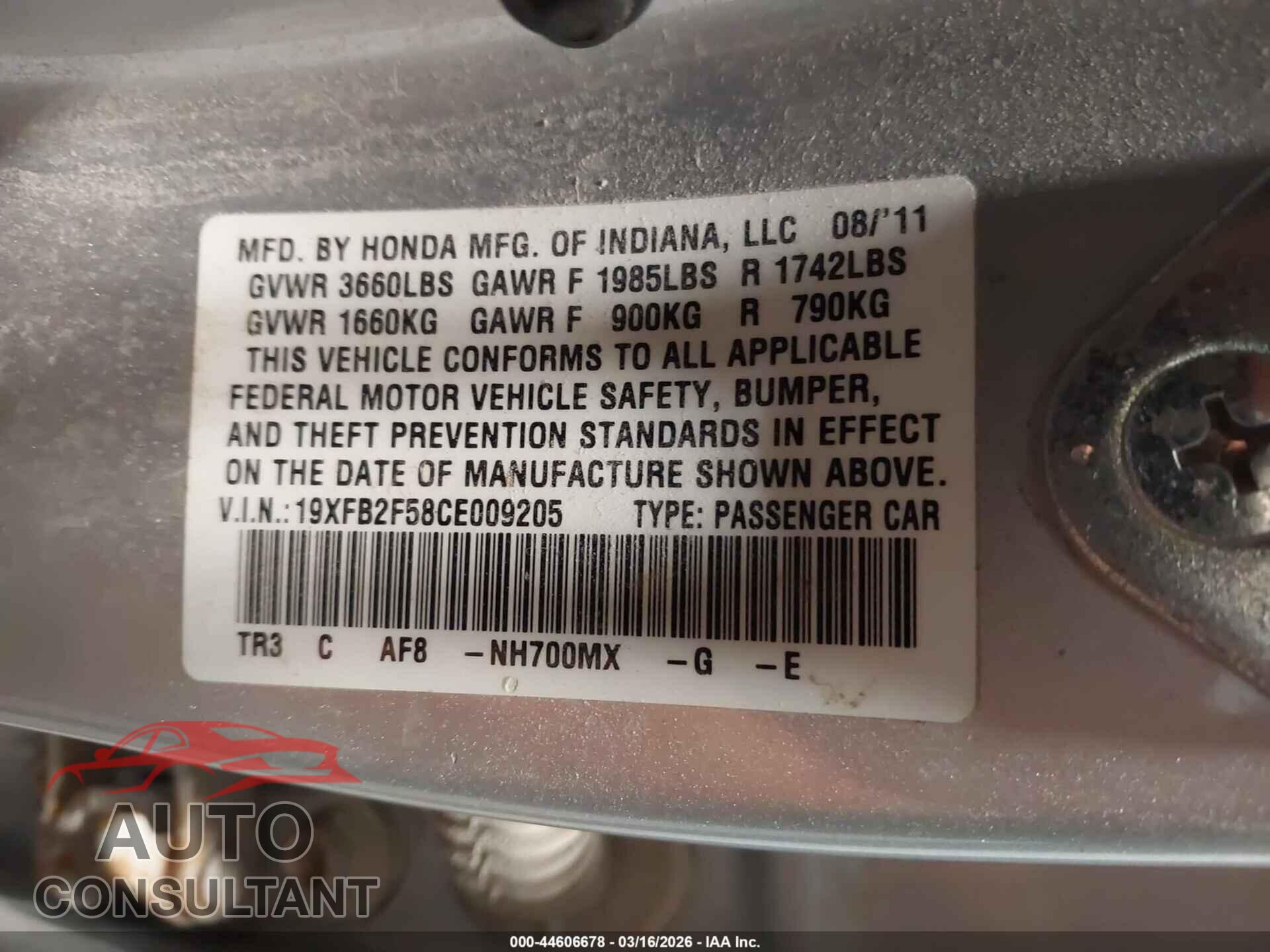 HONDA CIVIC 2012 - 19XFB2F58CE009205