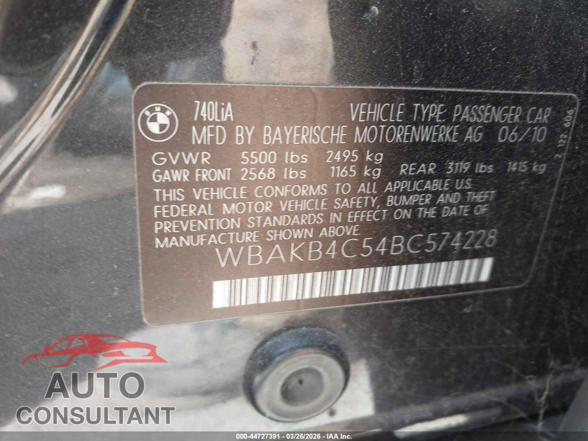BMW 740LI 2011 - WBAKB4C54BC574228