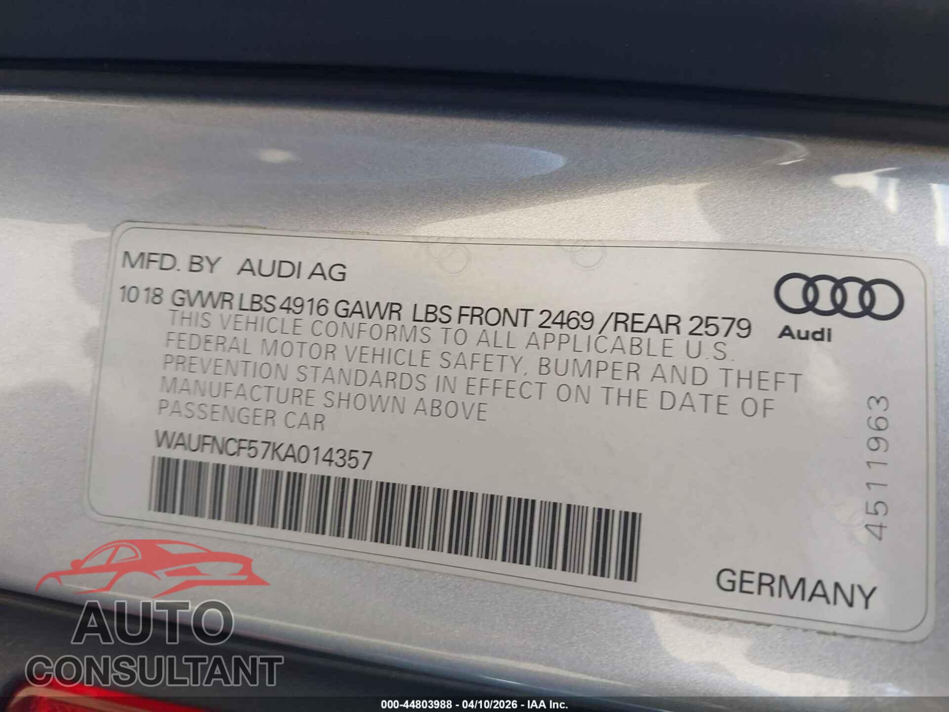 AUDI A5 2019 - WAUFNCF57KA014357