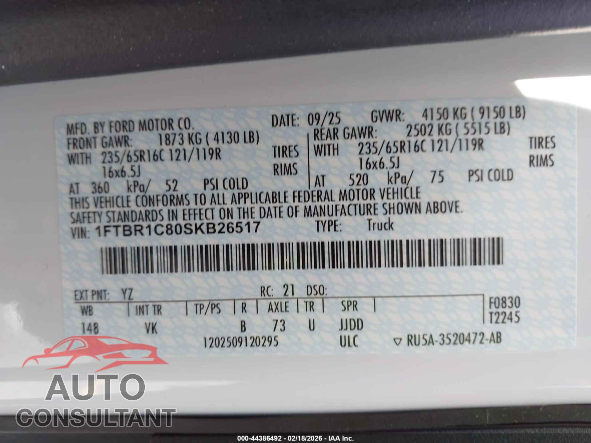 FORD TRANSIT-250 2025 - 1FTBR1C80SKB26517