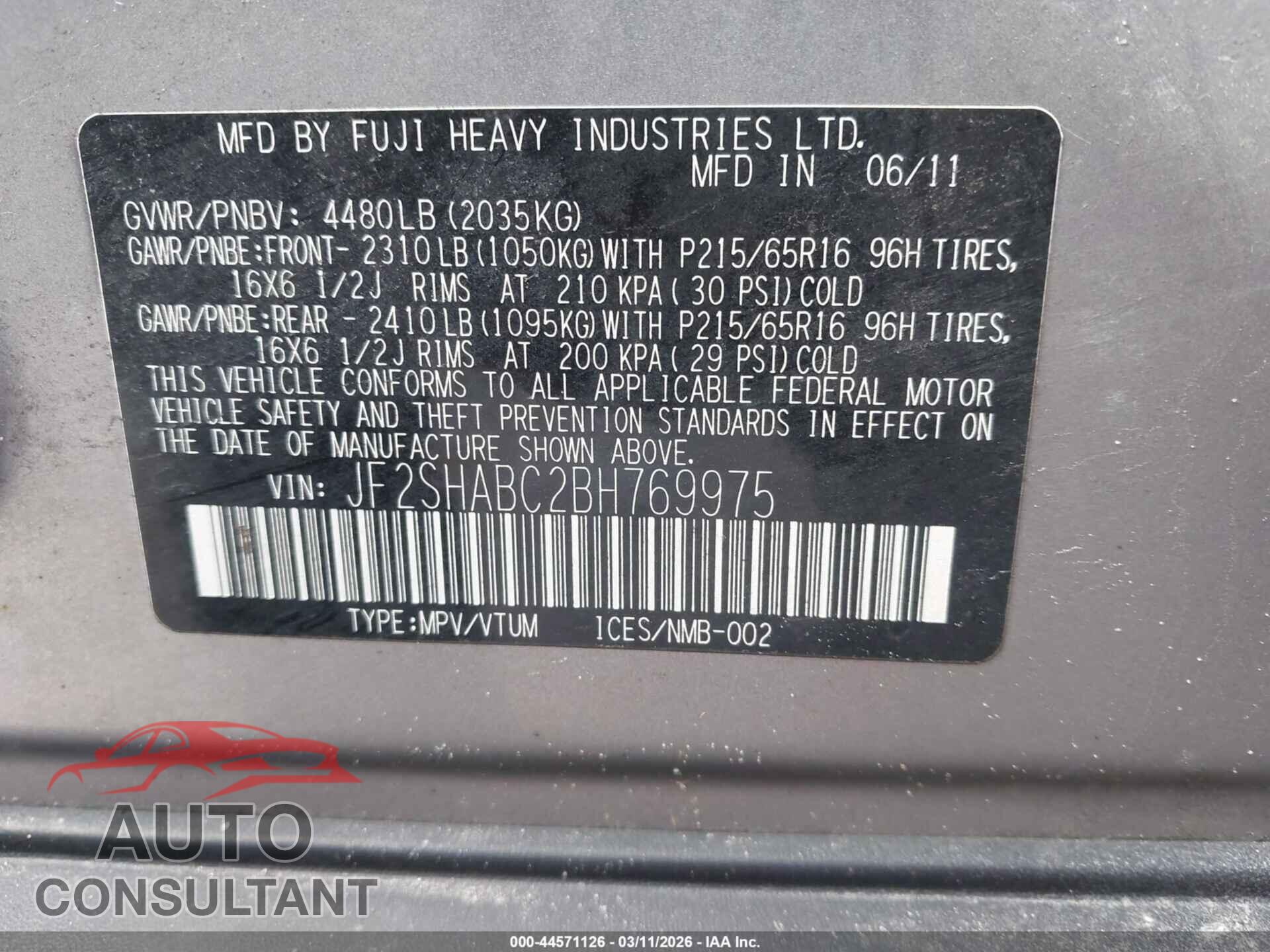 SUBARU FORESTER 2011 - JF2SHABC2BH769975