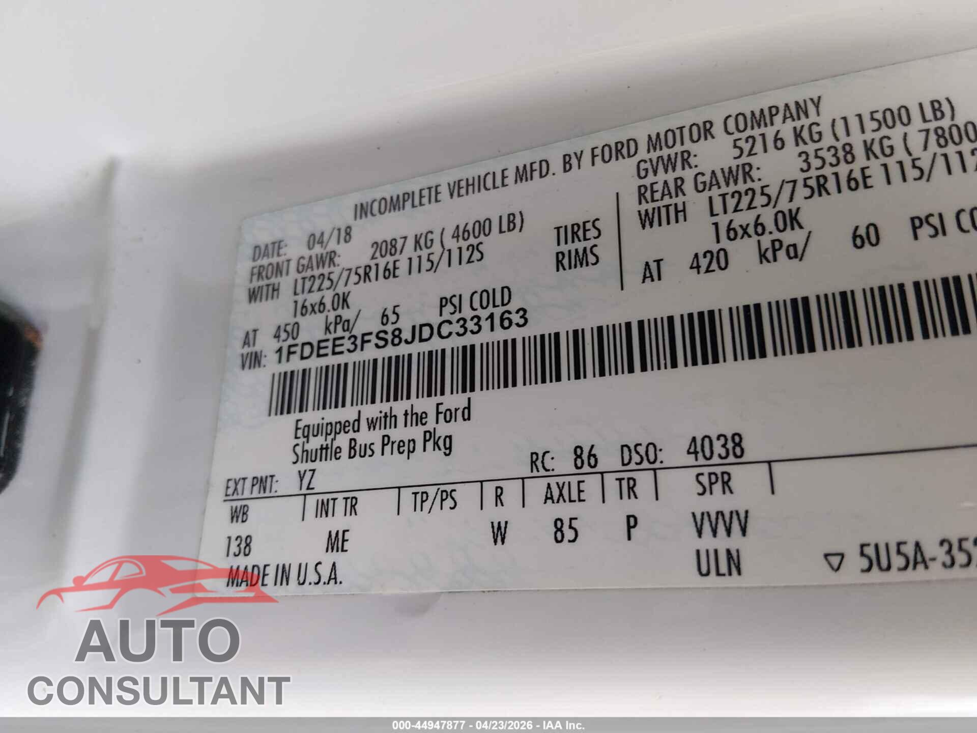 FORD E-350 CUTAWAY 2018 - 1FDEE3FS8JDC33163