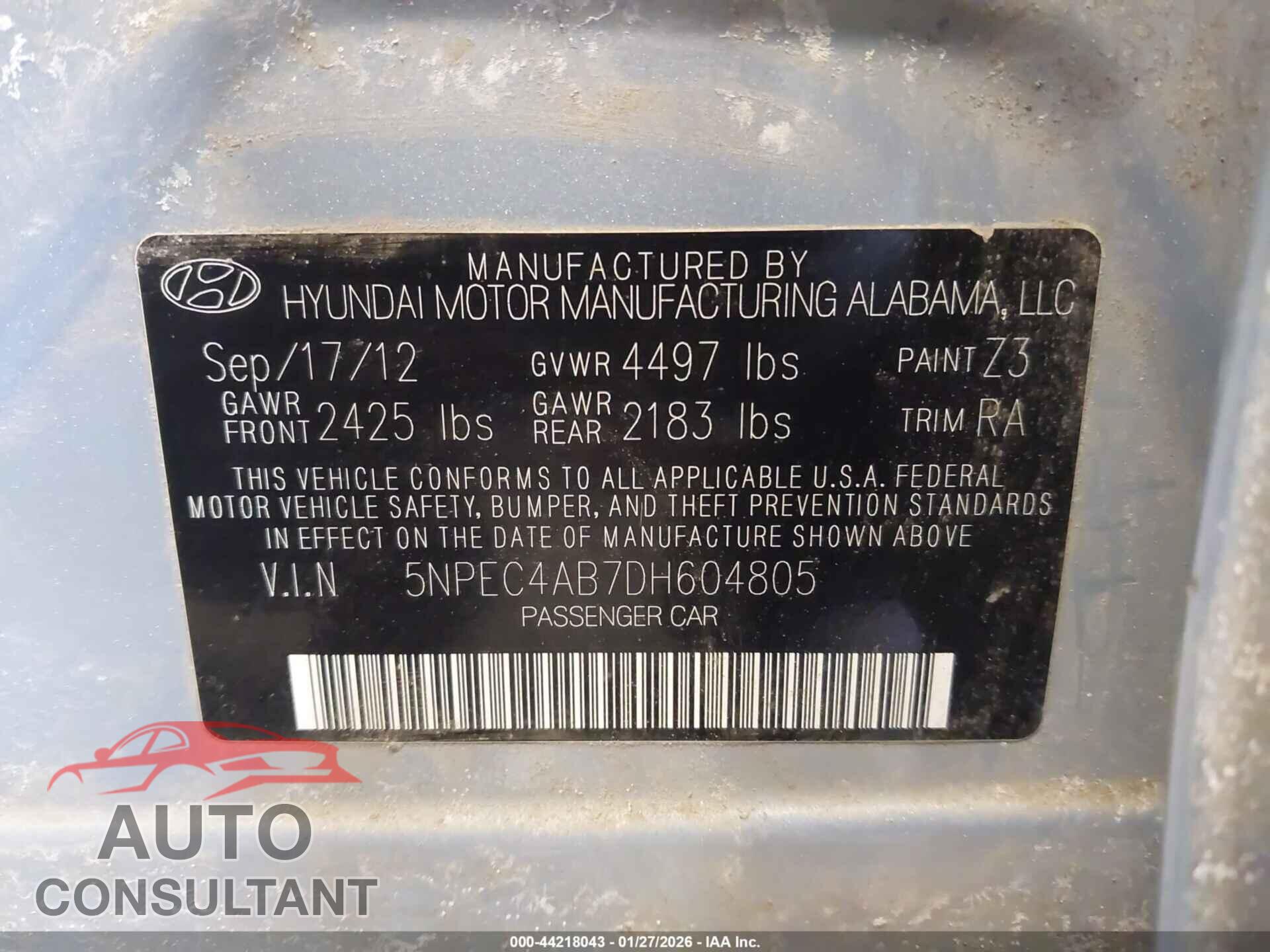 HYUNDAI SONATA 2013 - 5NPEC4AB7DH604805