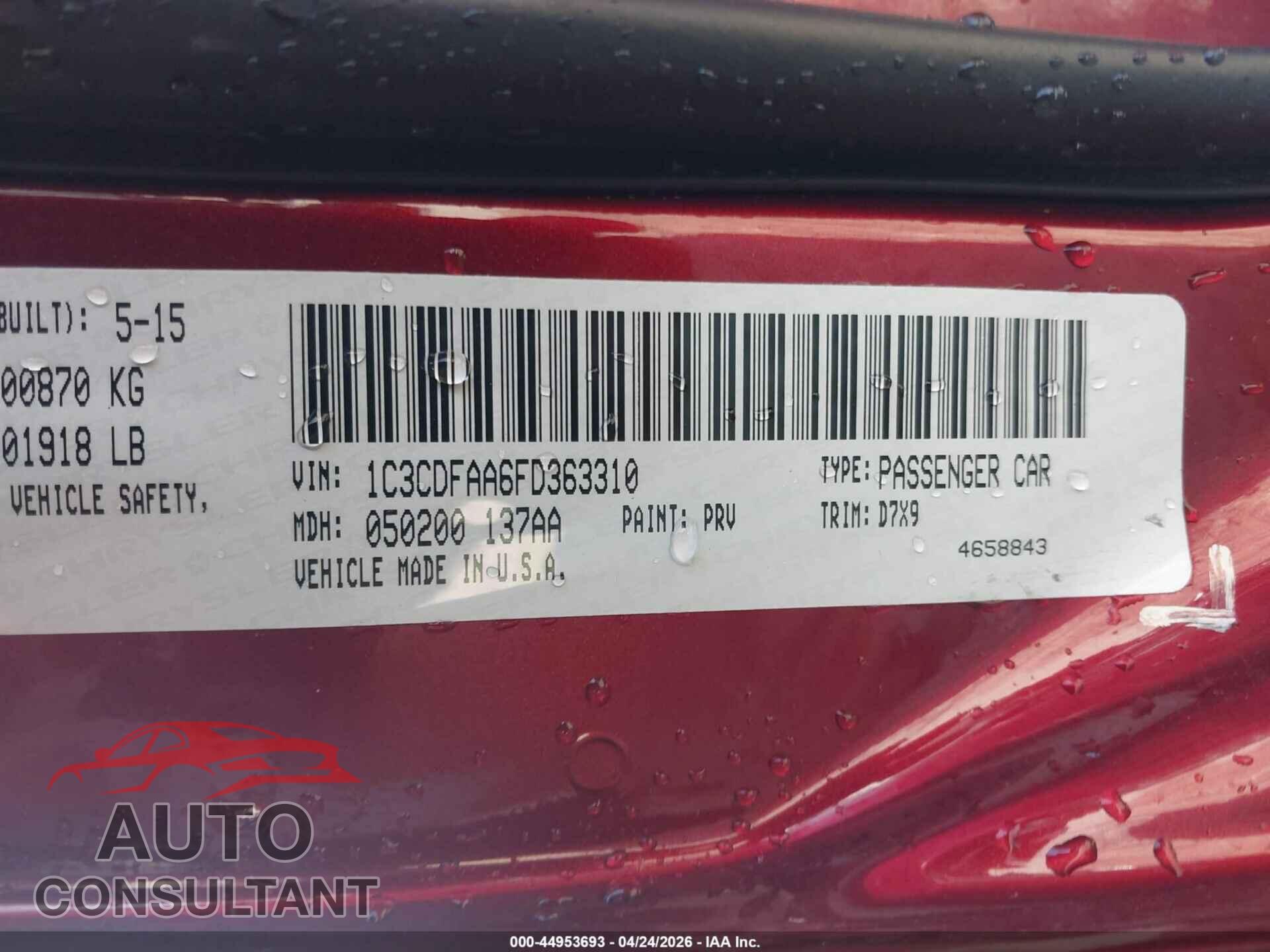 DODGE DART 2015 - 1C3CDFAA6FD363310