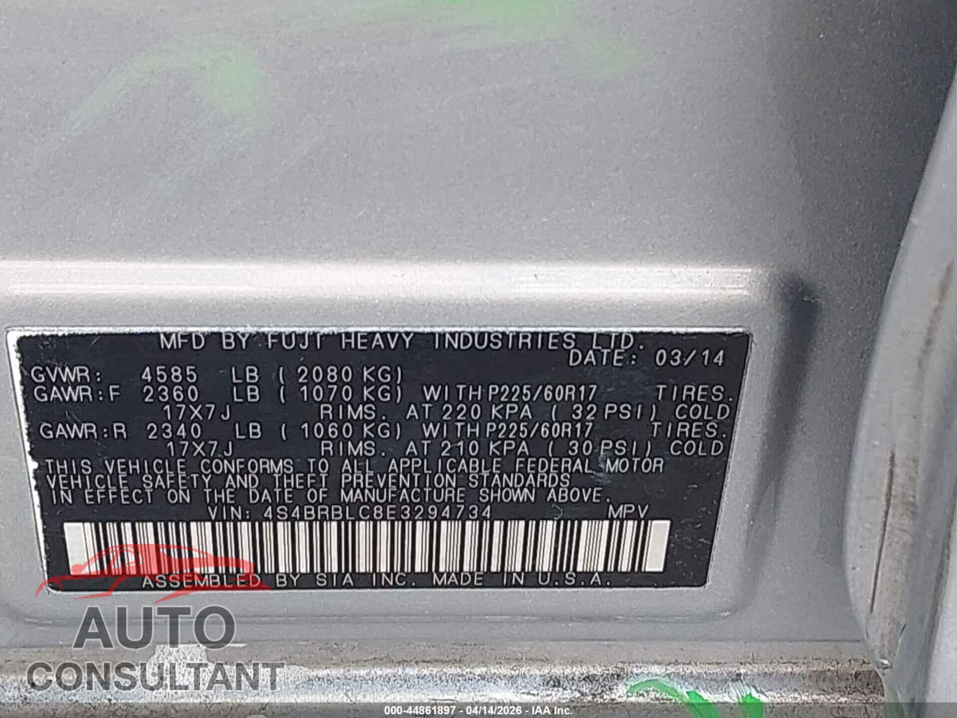SUBARU OUTBACK 2014 - 4S4BRBLC8E3294734