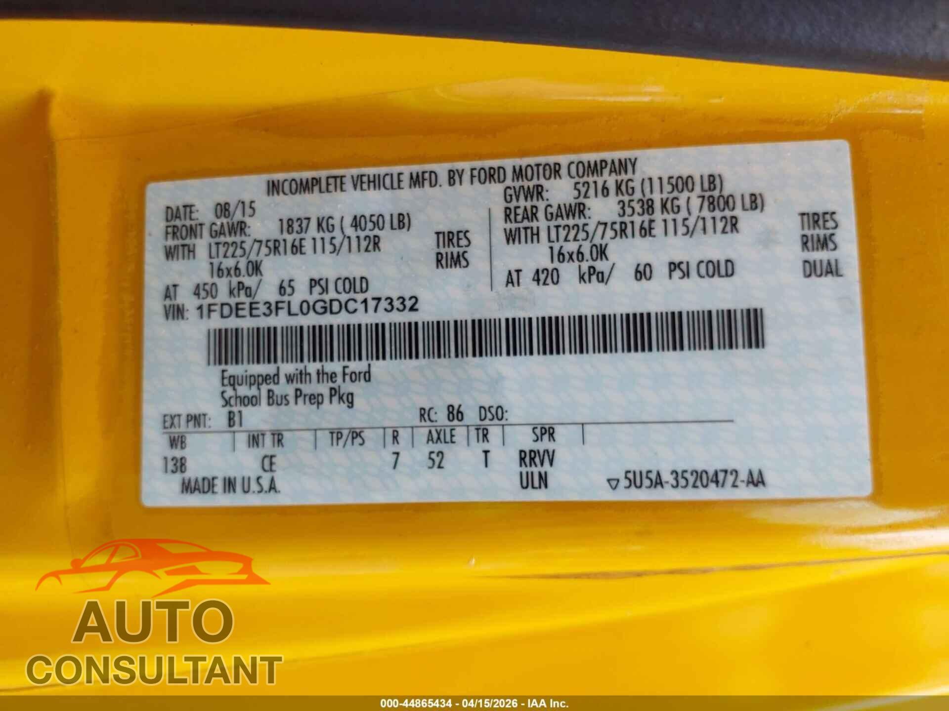 FORD E-350 CUTAWAY 2016 - 1FDEE3FL0GDC17332