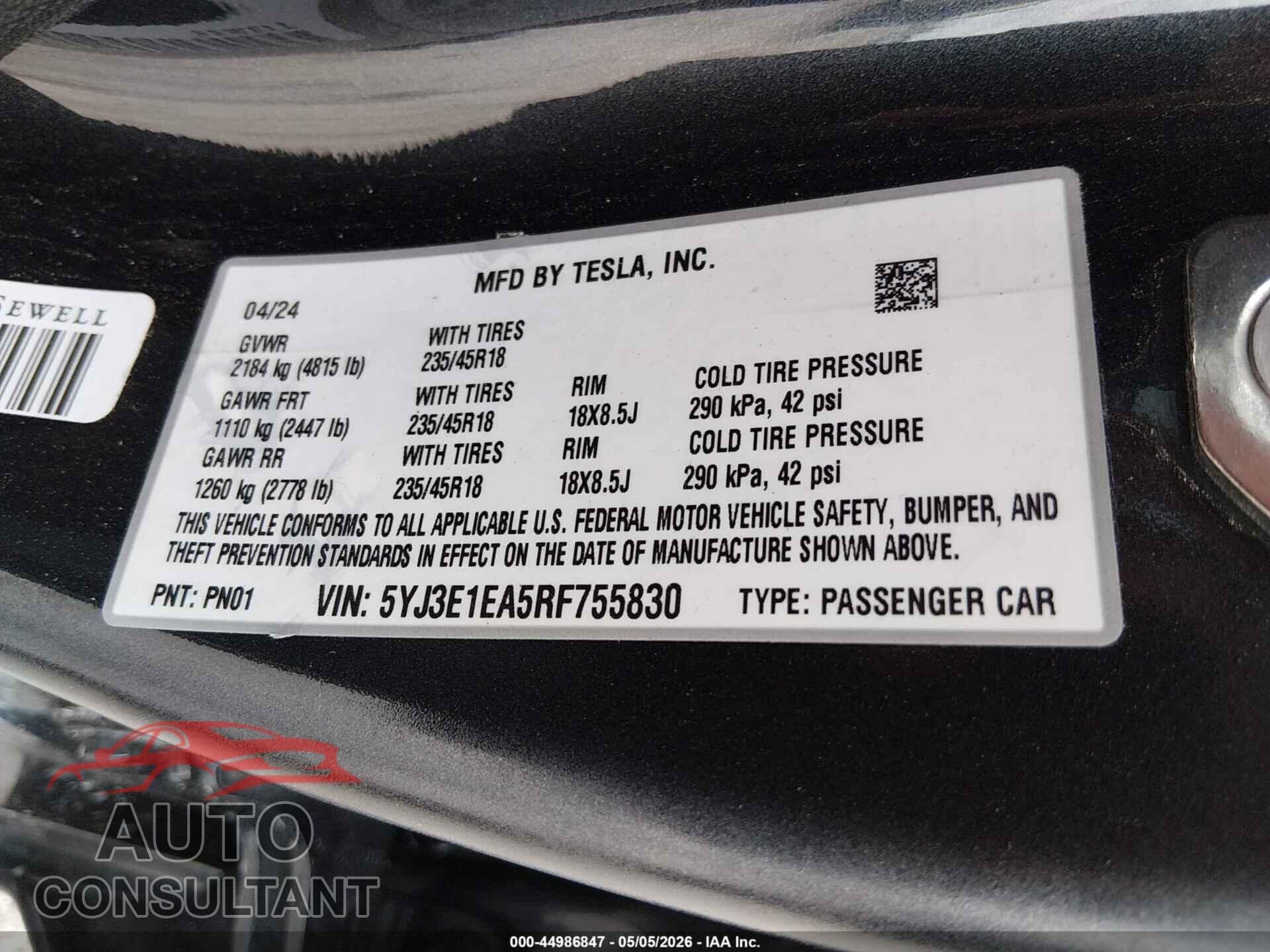 TESLA MODEL 3 2024 - 5YJ3E1EA5RF755830