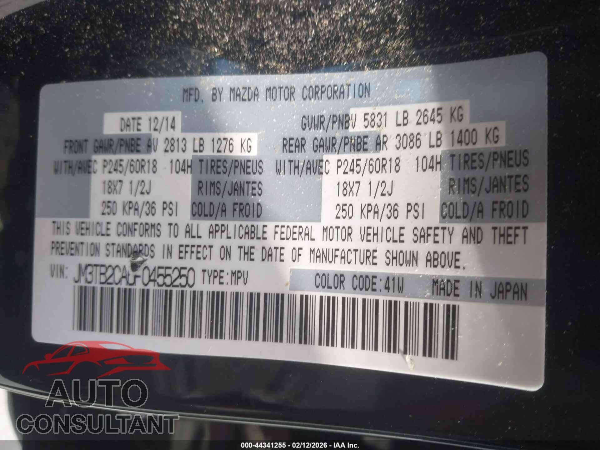 MAZDA CX-9 2015 - JM3TB2CA6F0455250