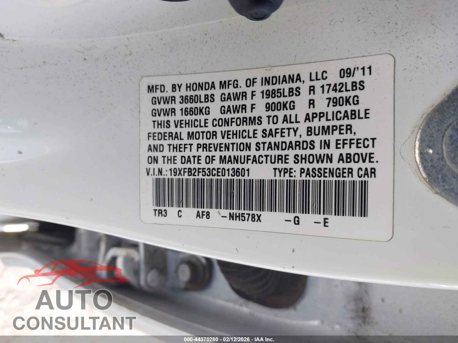 HONDA CIVIC 2012 - 19XFB2F53CE013601