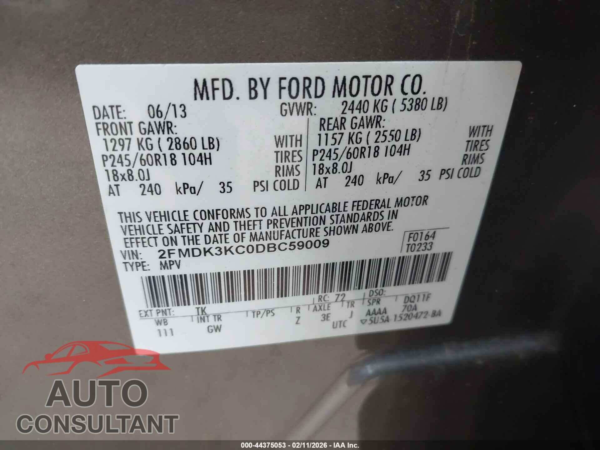 FORD EDGE 2013 - 2FMDK3KC0DBC59009