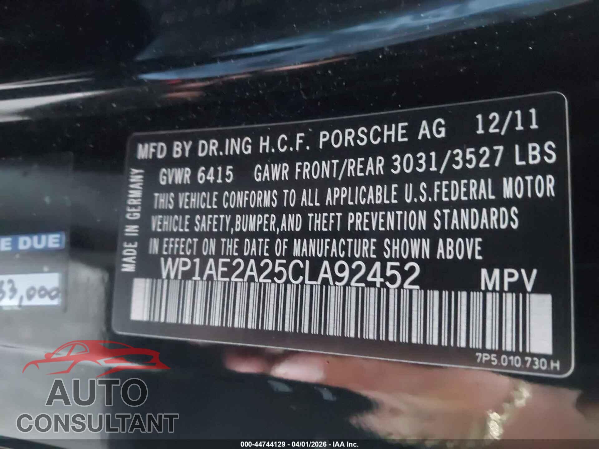PORSCHE CAYENNE HYBRID 2012 - WP1AE2A25CLA92452