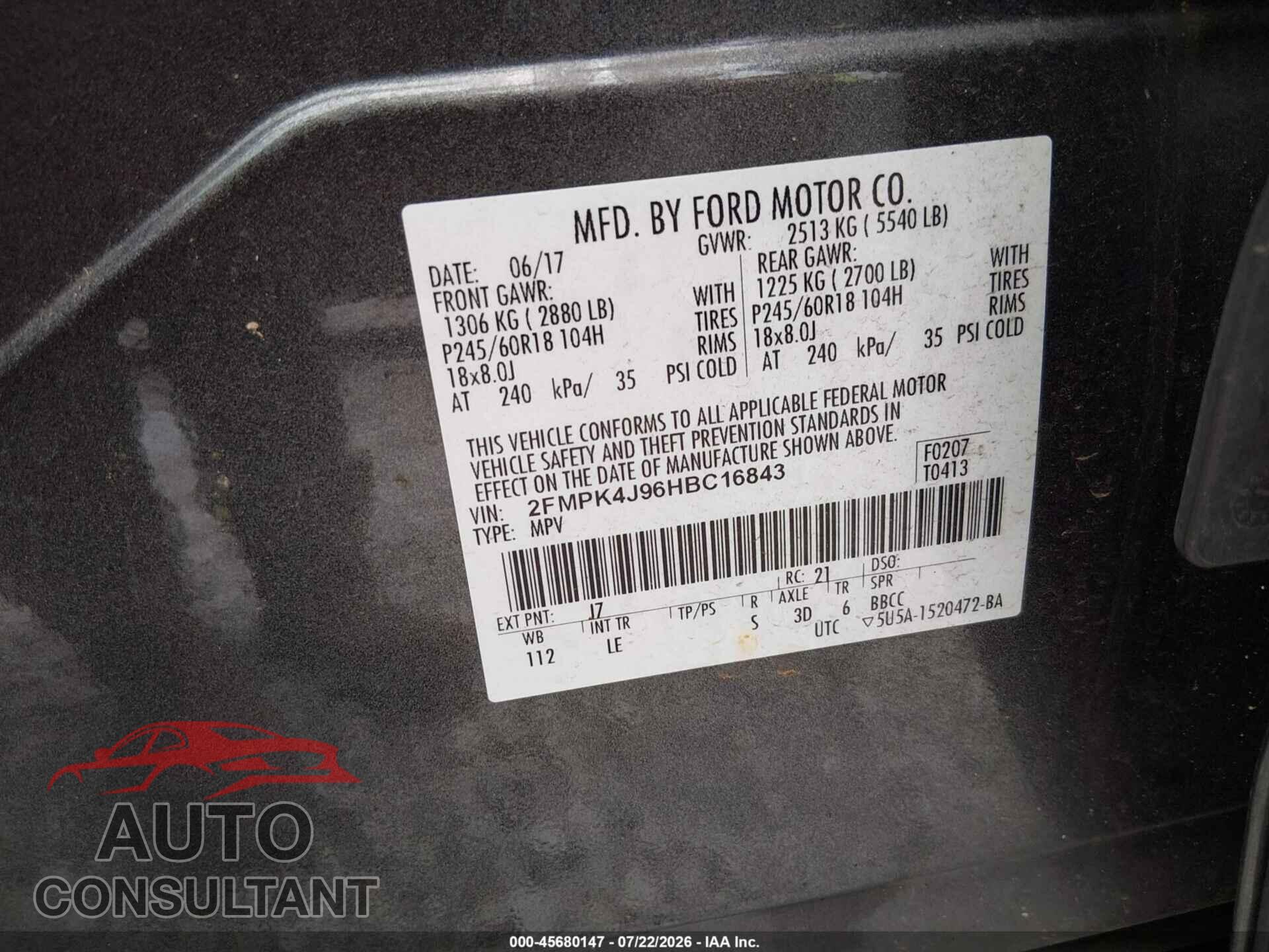 FORD EDGE 2017 - 2FMPK4J96HBC16843